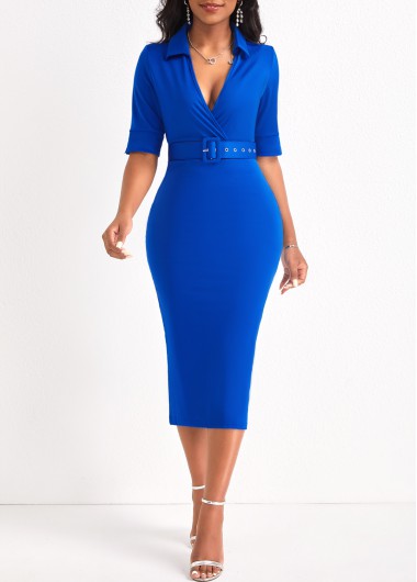 Modlily Royal Blue Surplice Belted Half Sleeve Dress - S