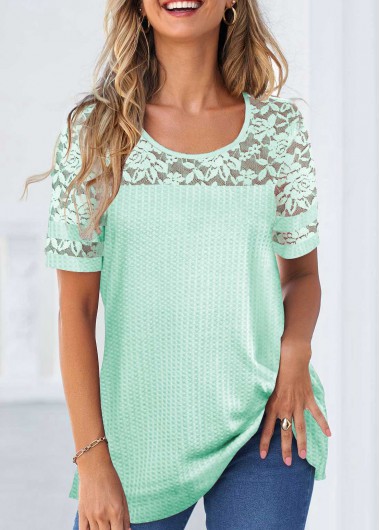 Mint Green Lace Short Sleeve T Shirt | modlily.com - USD 23.99
