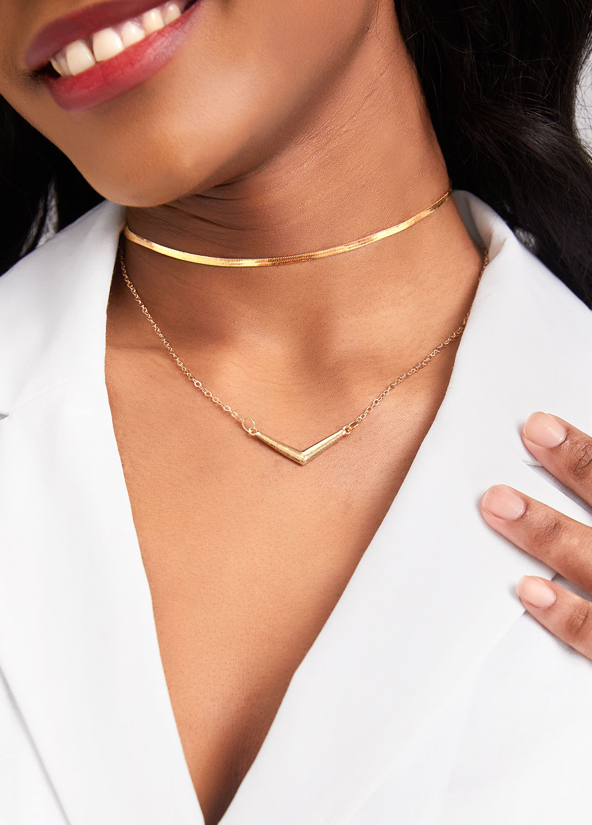 Gold Asymmetrical Layered Design Metal Detail Necklace