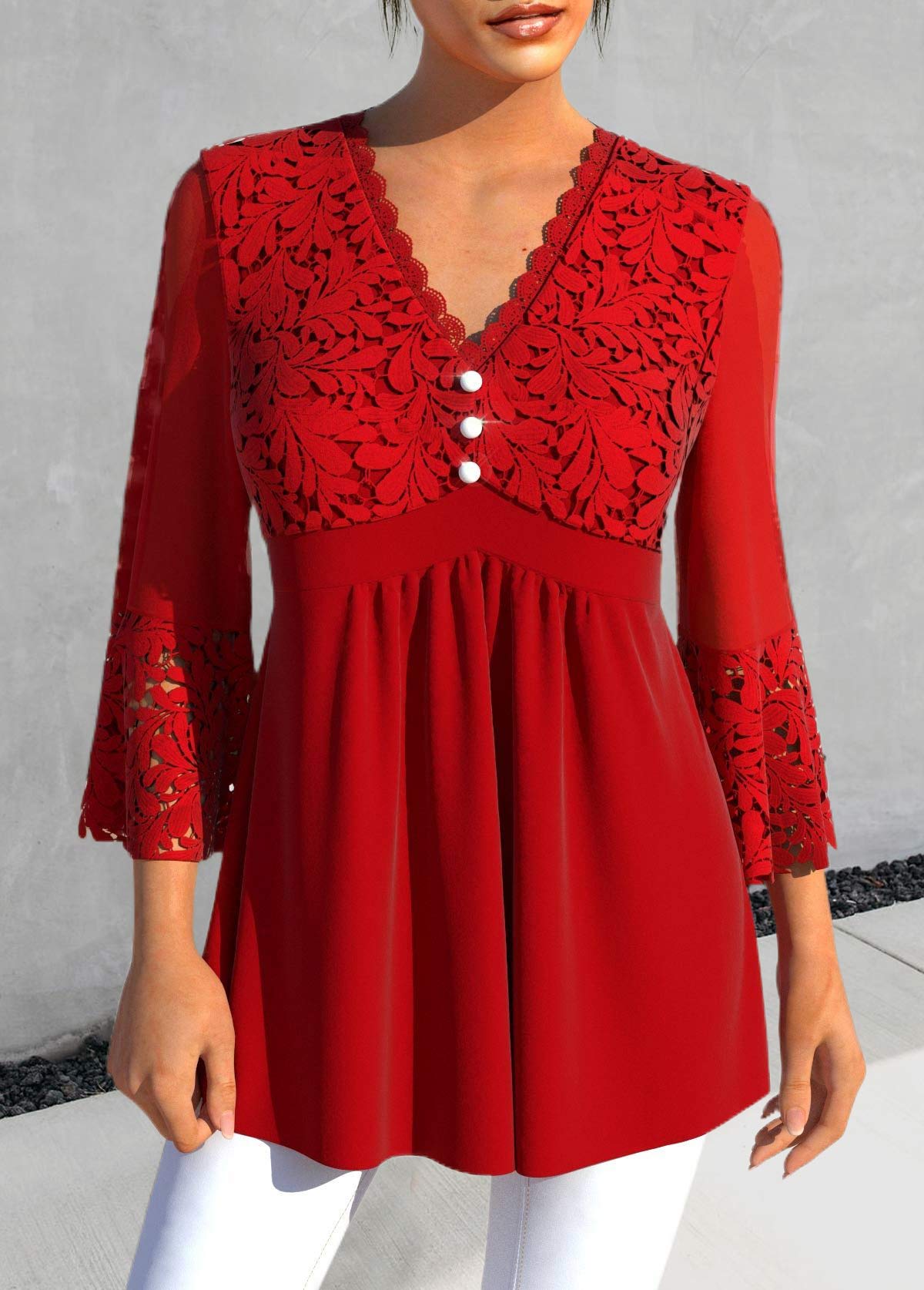 Red Lace Three Quarter Length Sleeve Blouse