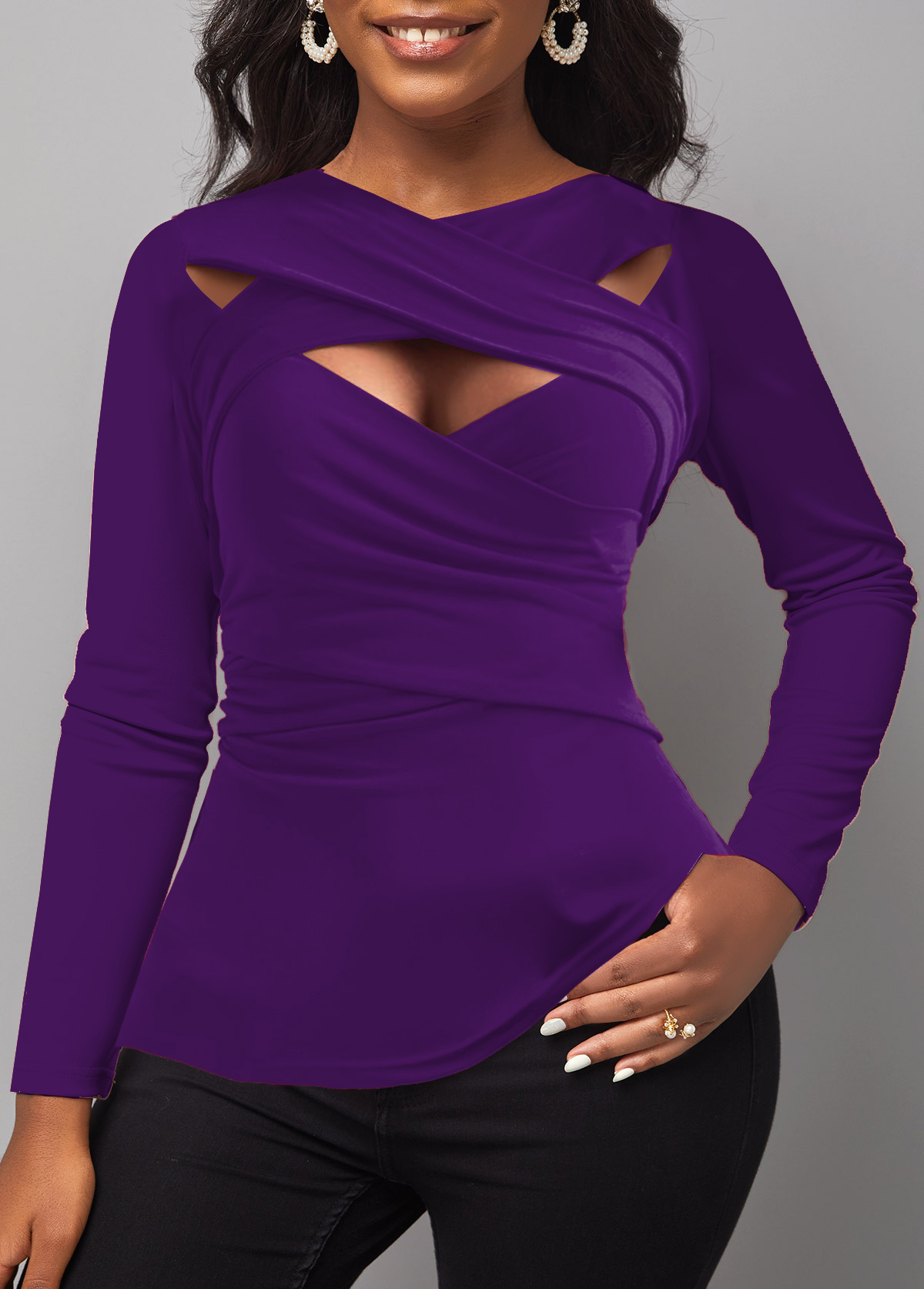 Purple Surplice Long Sleeve Cross Collar T Shirt