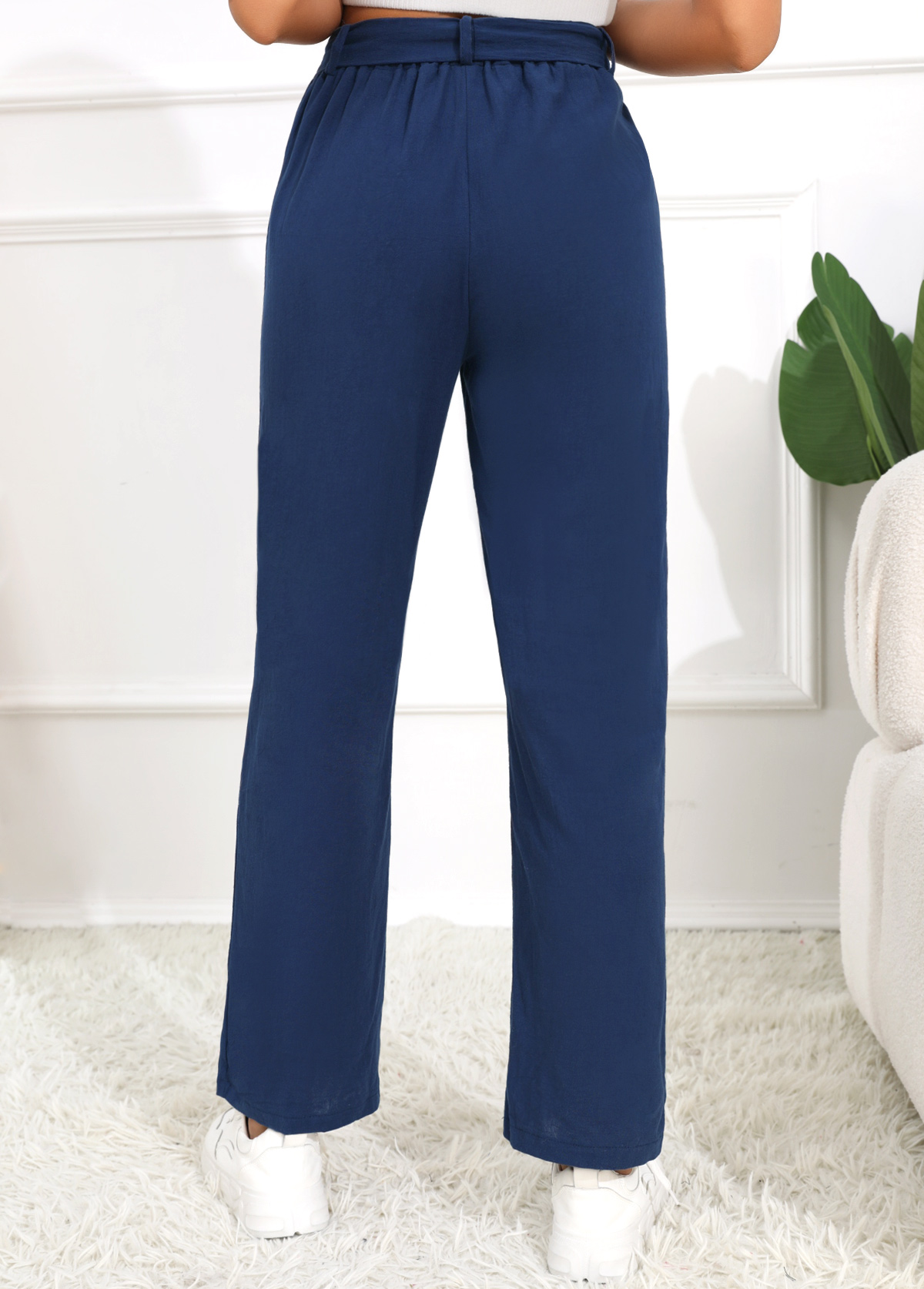 Navy Bowknot Belted High Waisted Pants