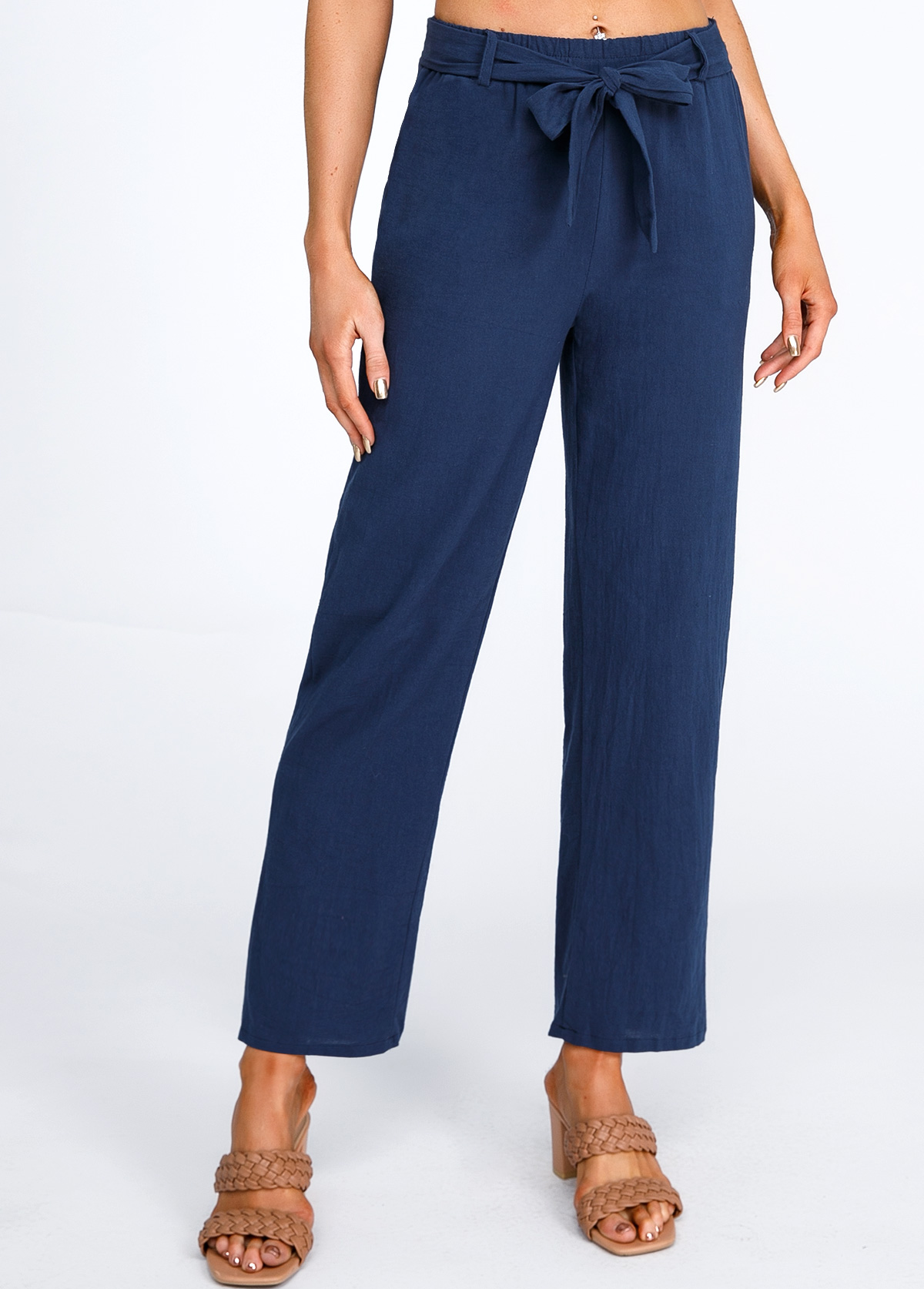 Navy Bowknot Belted High Waisted Pants