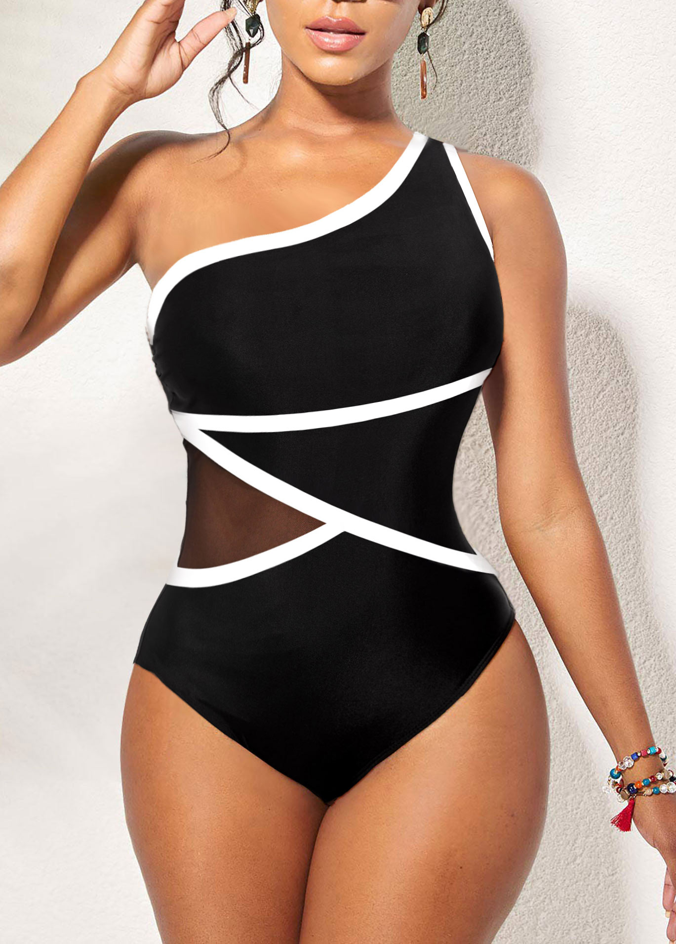 Asymmetric Contrast Binding Black One Piece Swimwear
