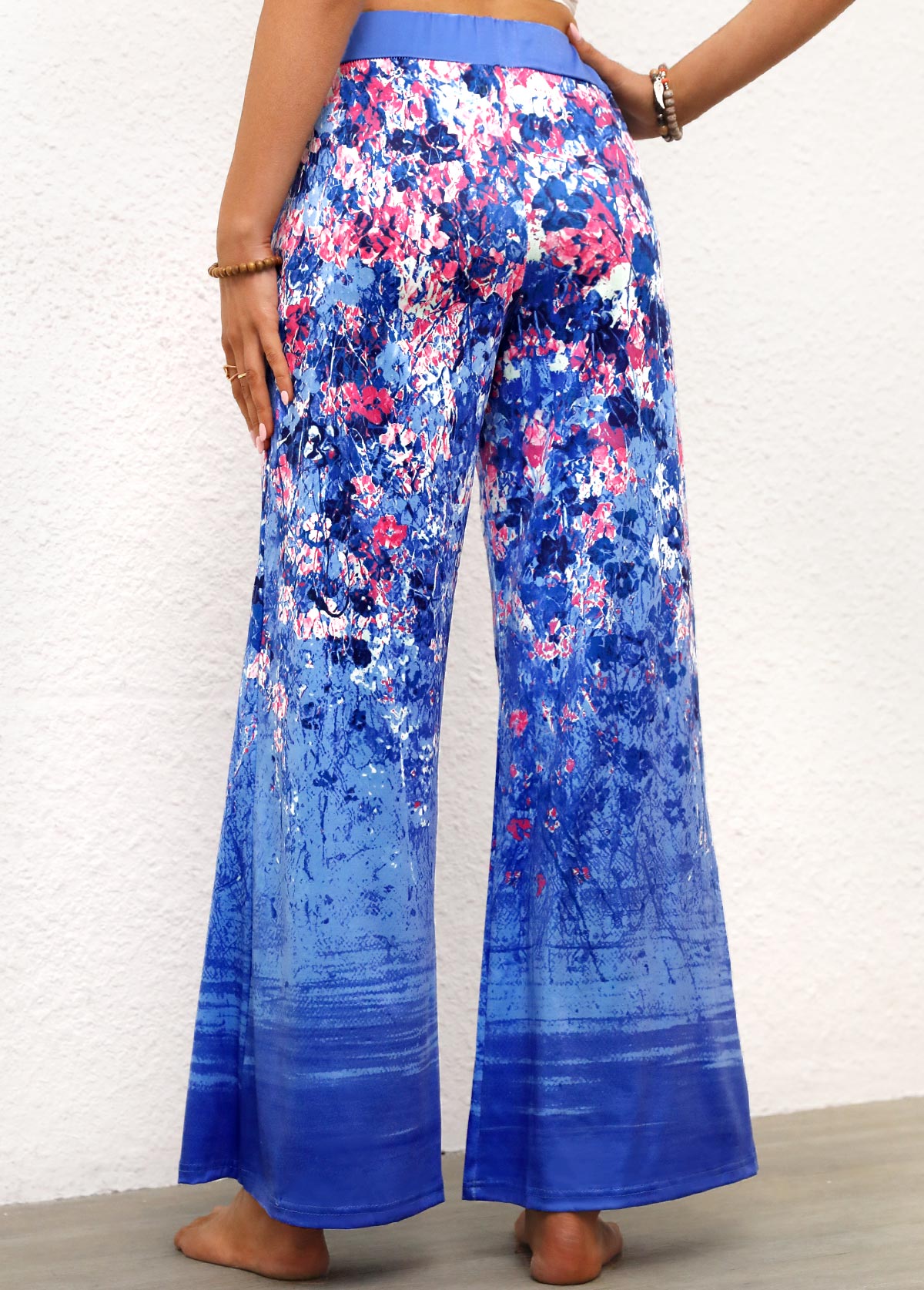Blue Ditsy Floral Print Elastic Waist Pants