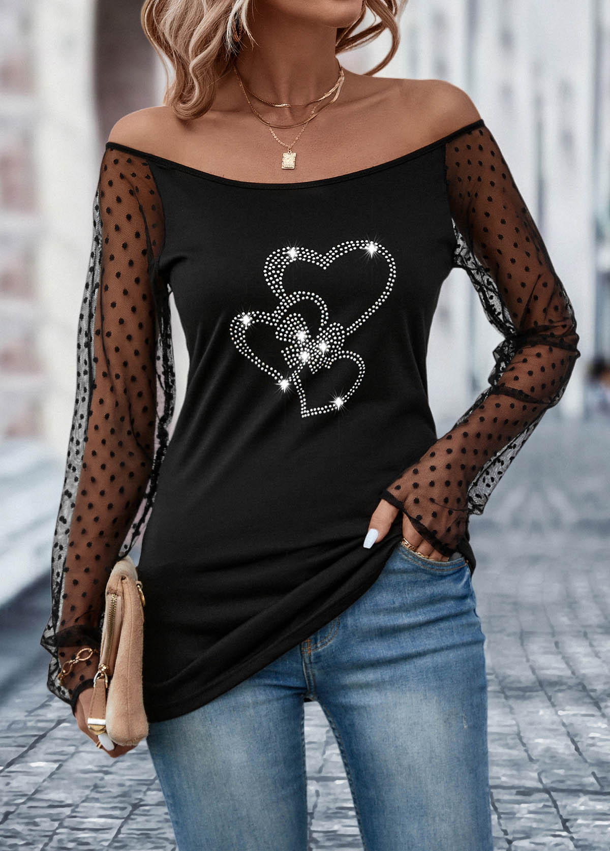 Black Patchwork Heart Design Long Sleeve T Shirt