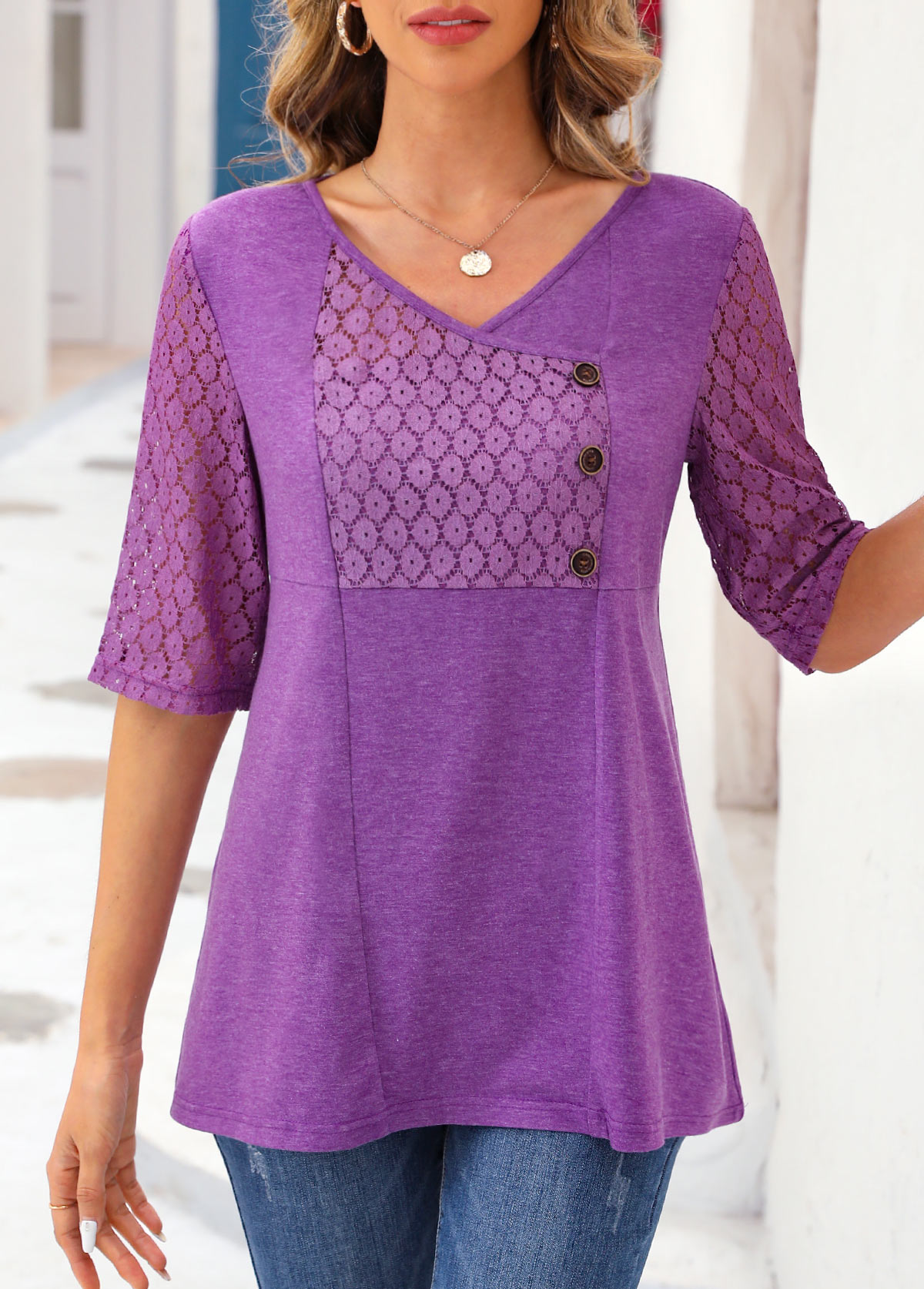 Purple Lace Half Sleeve V Neck T Shirt