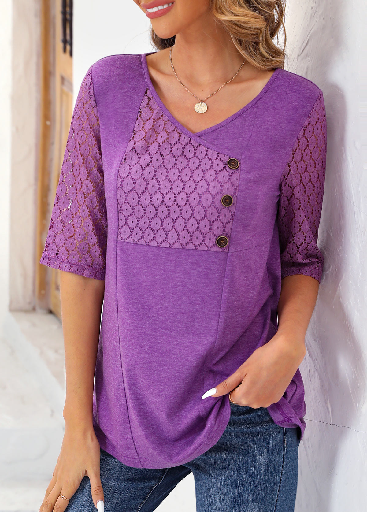 Purple Lace Half Sleeve V Neck T Shirt