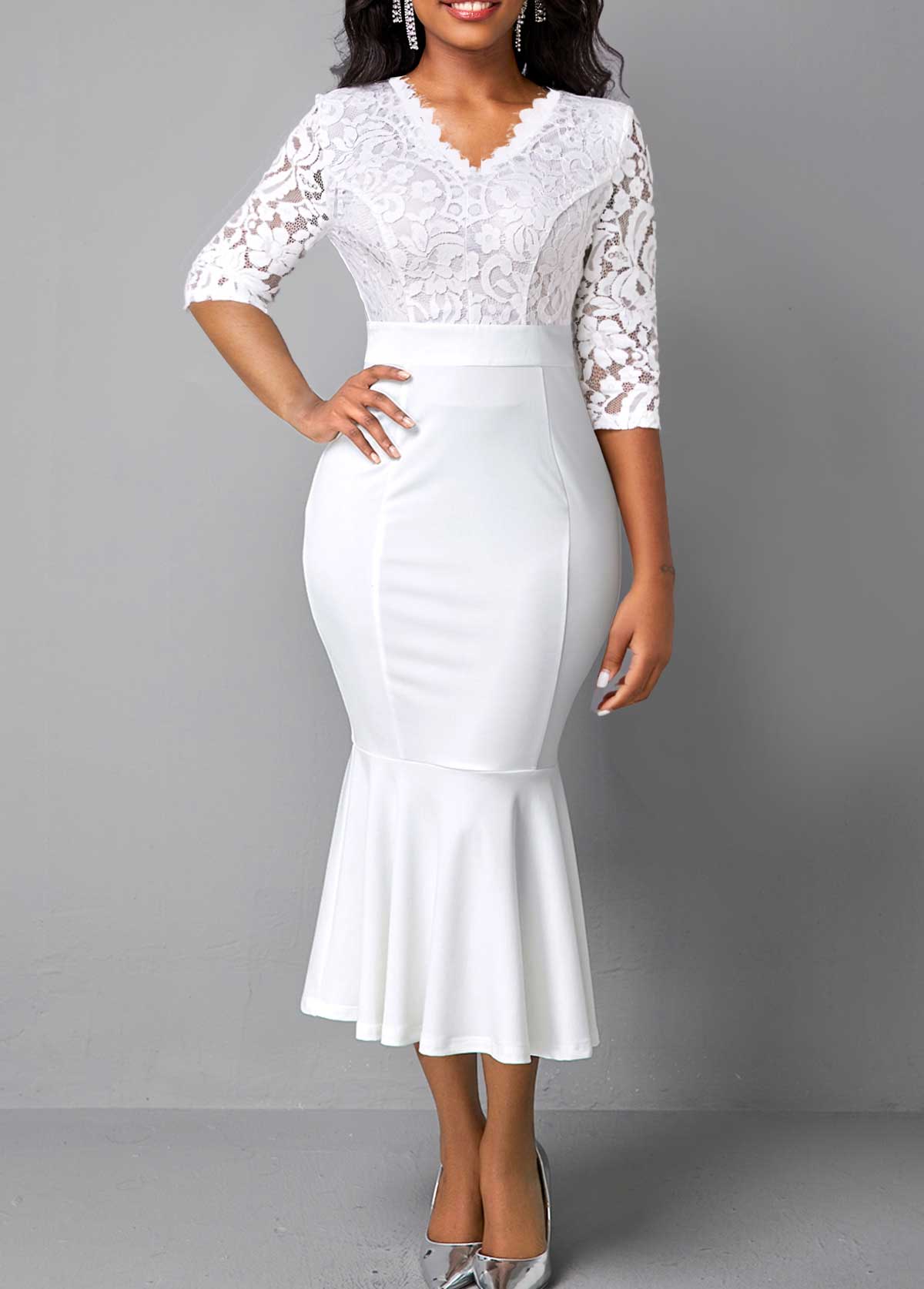 White Three Quarter Length Sleeve Bodycon Dress