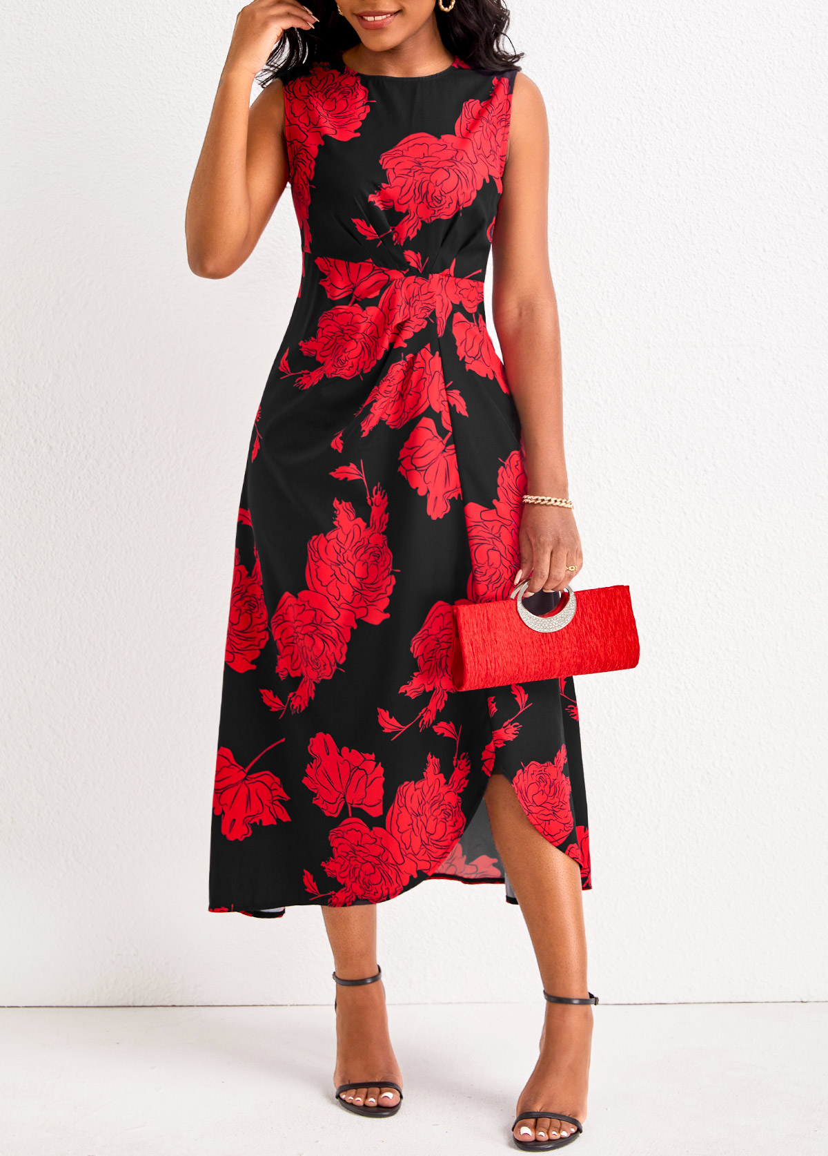 Red Asymmetry Floral Print Sleeveless Round Neck Dress