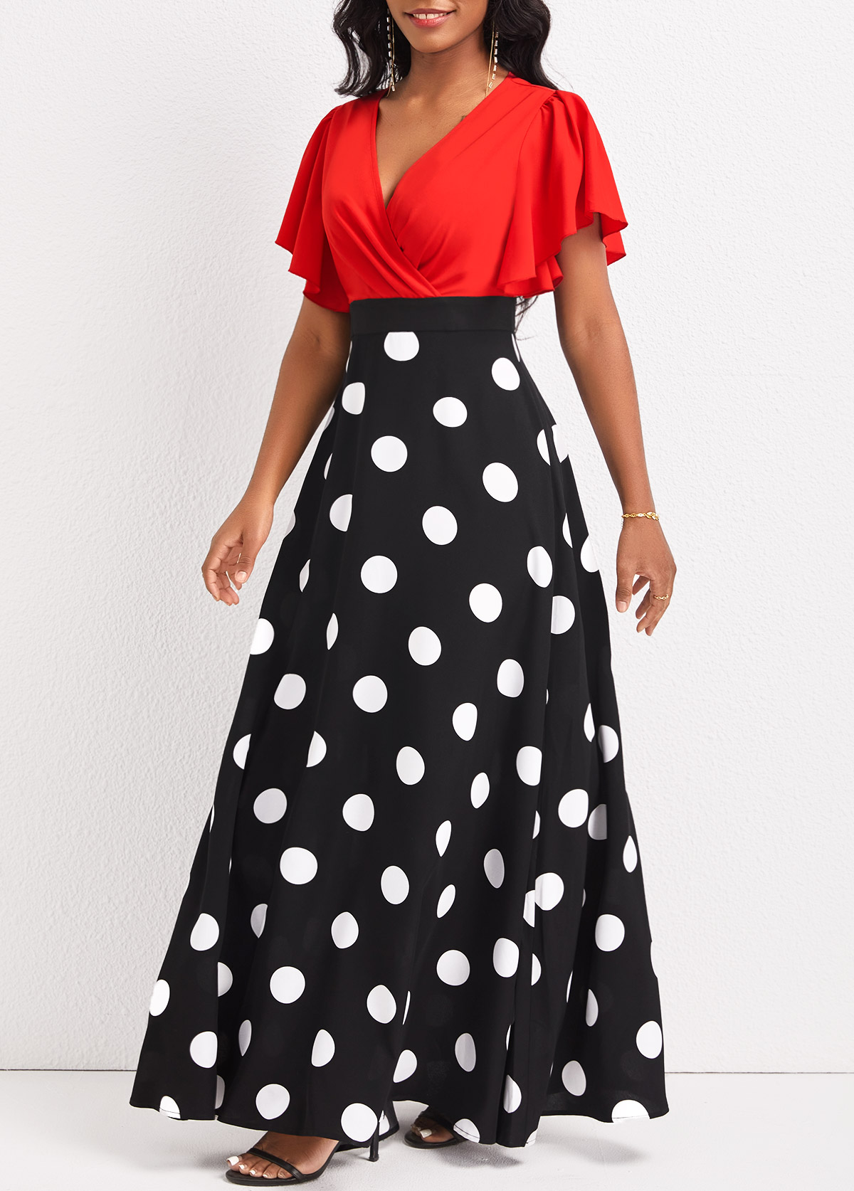 Black Patchwork Polka Dot Short Sleeve Maxi Dress