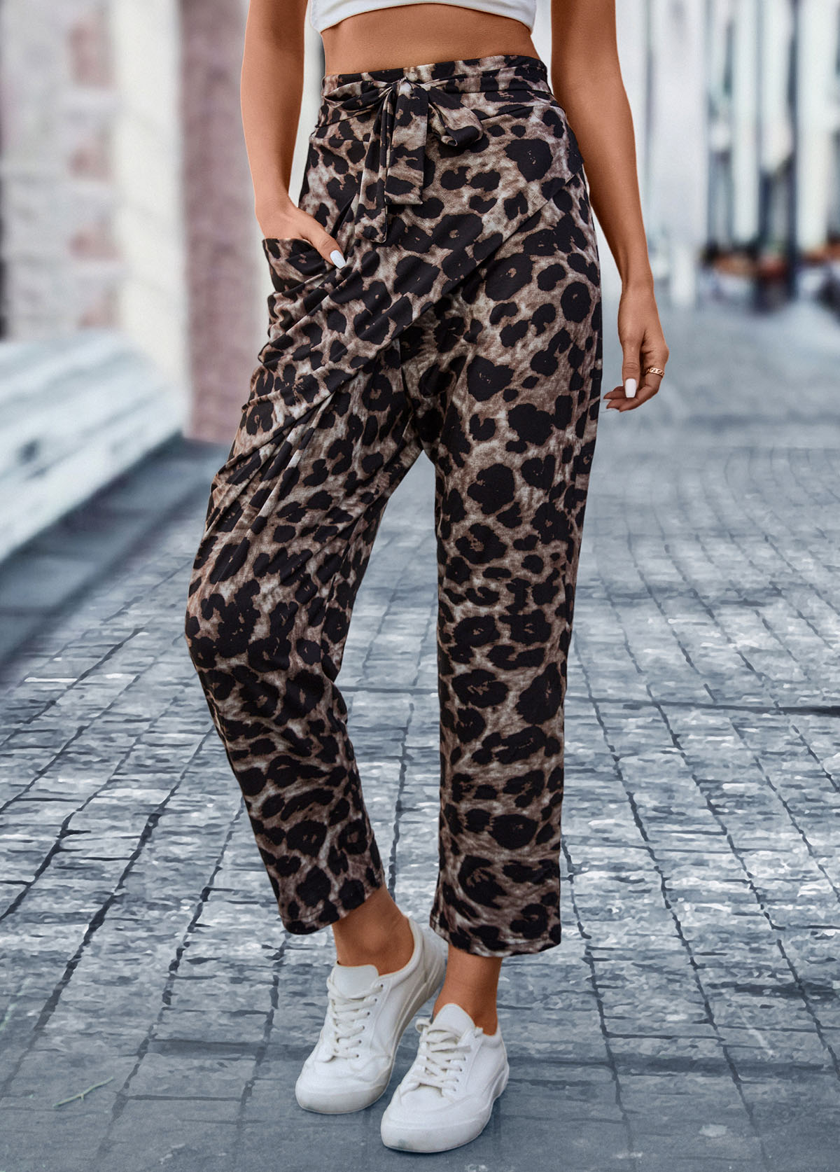 Dark Coffee Pocket Leopard Elastic Waist Belted Pants
