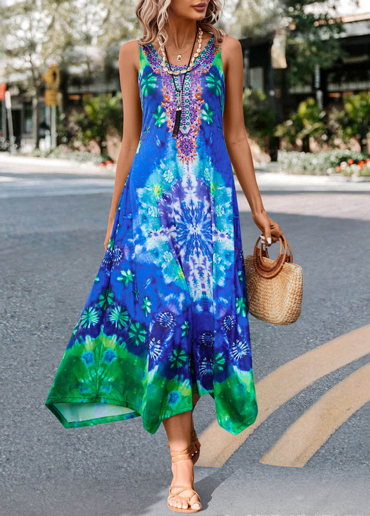 Blue Asymmetry Tie Dye Print H Shape Dress