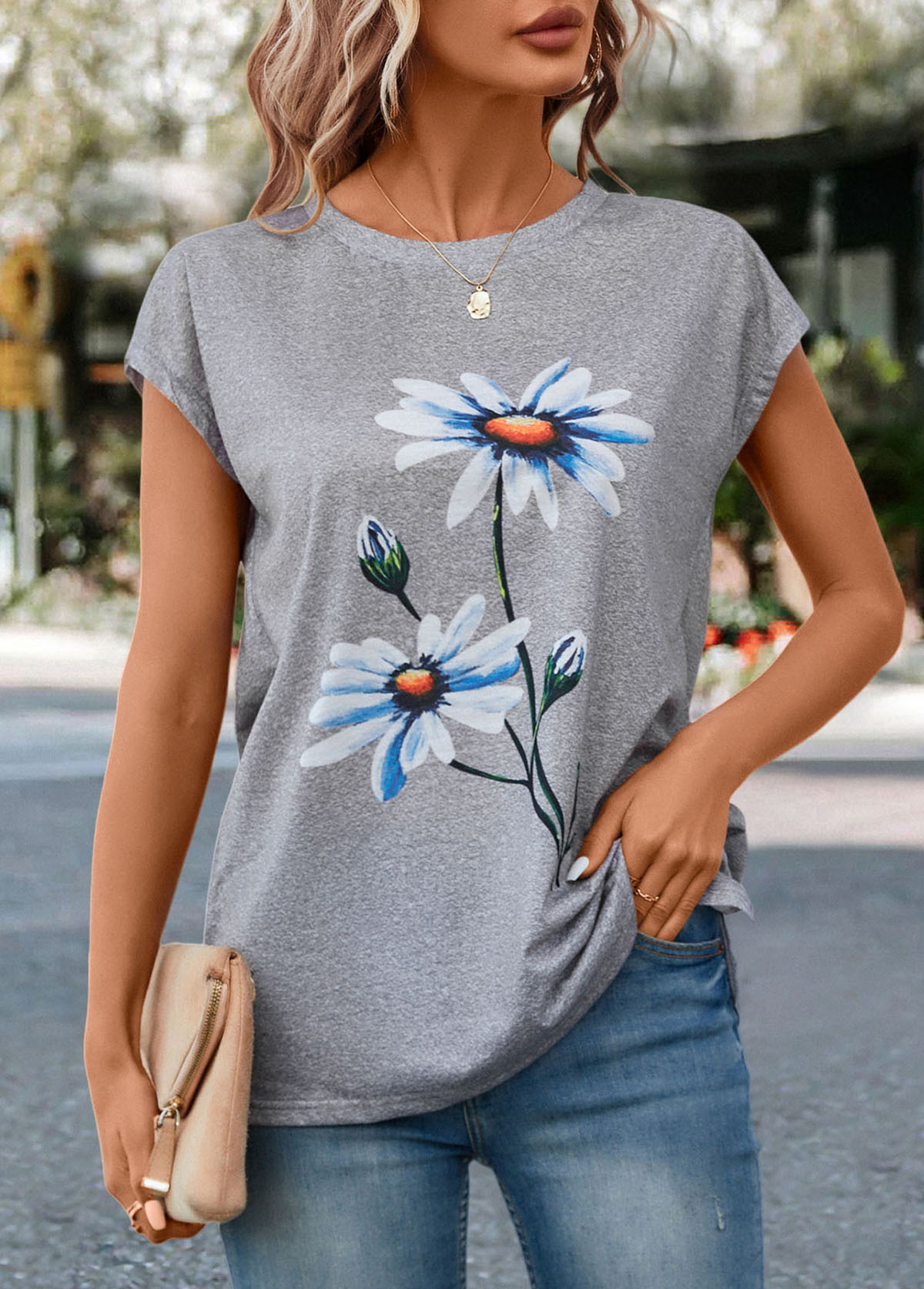 Light Grey Marl Floral Print T Shirt