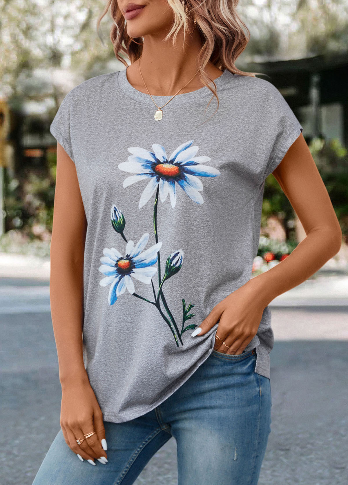 Light Grey Marl Floral Print T Shirt