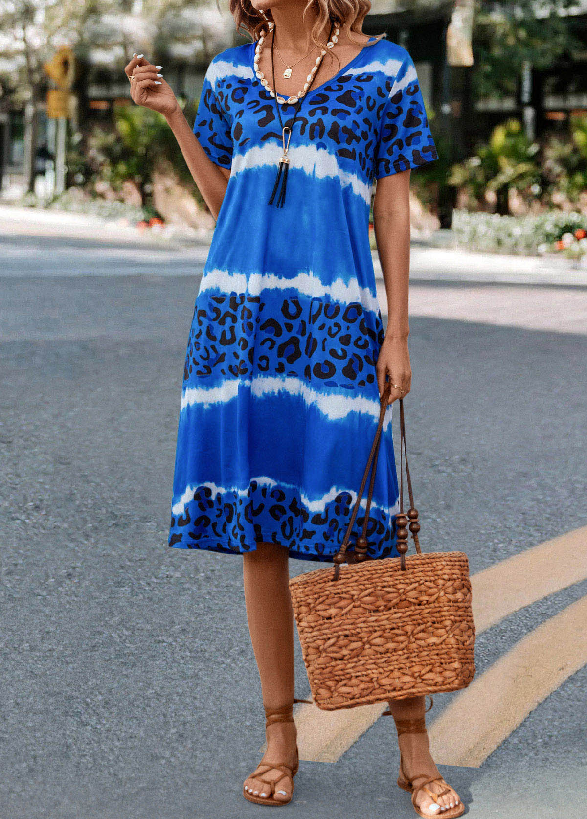 Blue Leopard H Shape Short Sleeve Dress