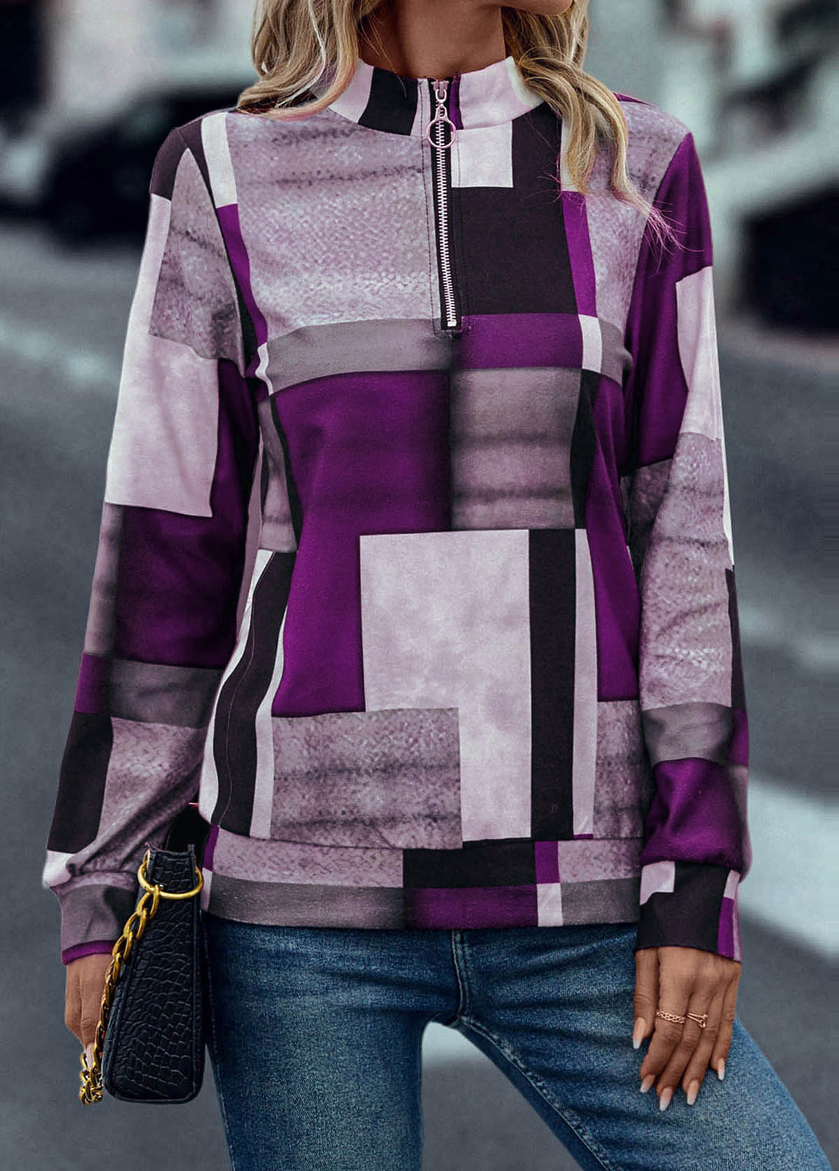 Purple Zipper Geometric Print Long Sleeve Sweatshirt