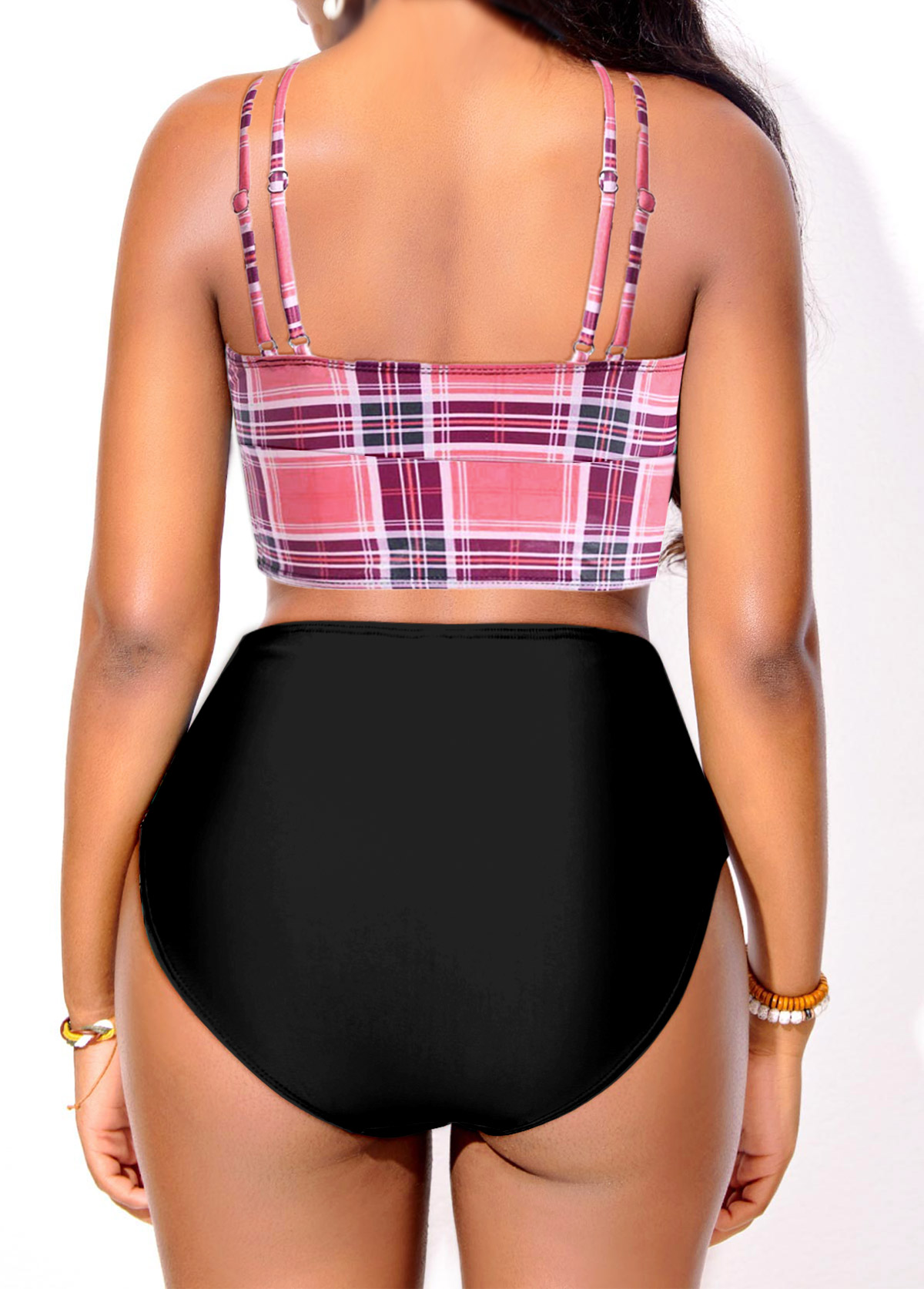 Plaid Pink Double Straps Bikini Top-No Bottom