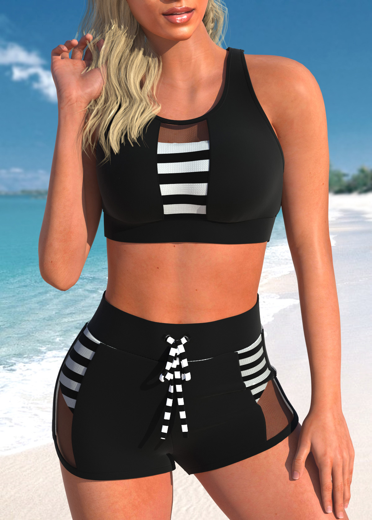 Mesh Cutout Striped Black Bikini Set