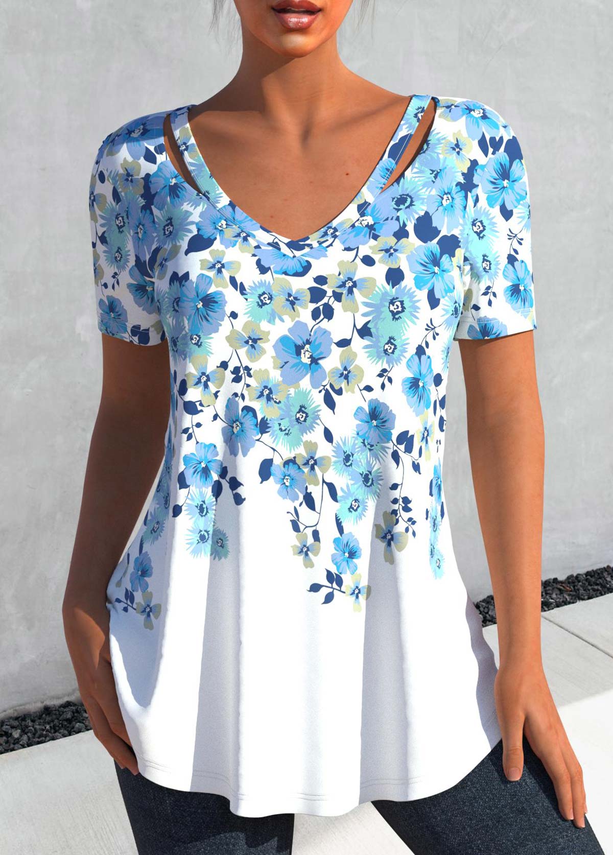 Light Blue Cut Out Floral Print T Shirt