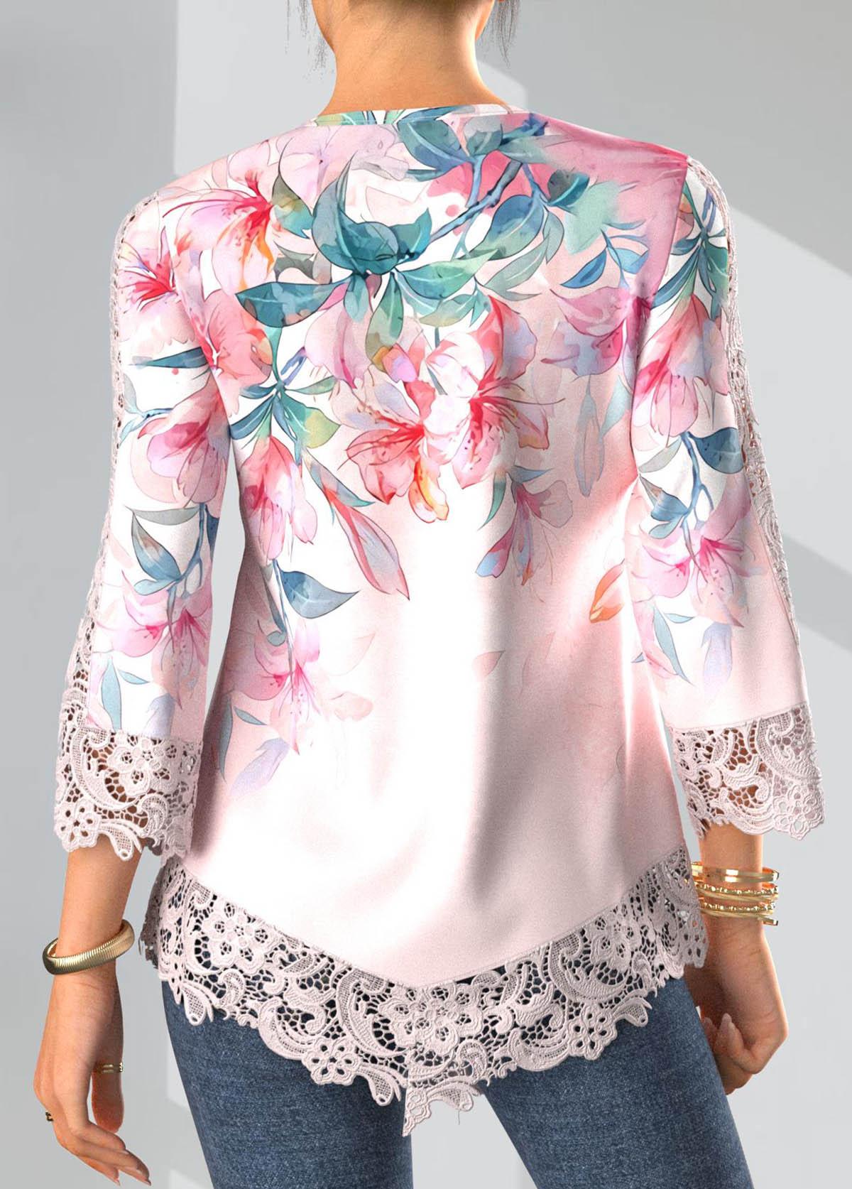 Light Pink Tuck Stitch Floral Print 3/4 Sleeve Blouse | picture 