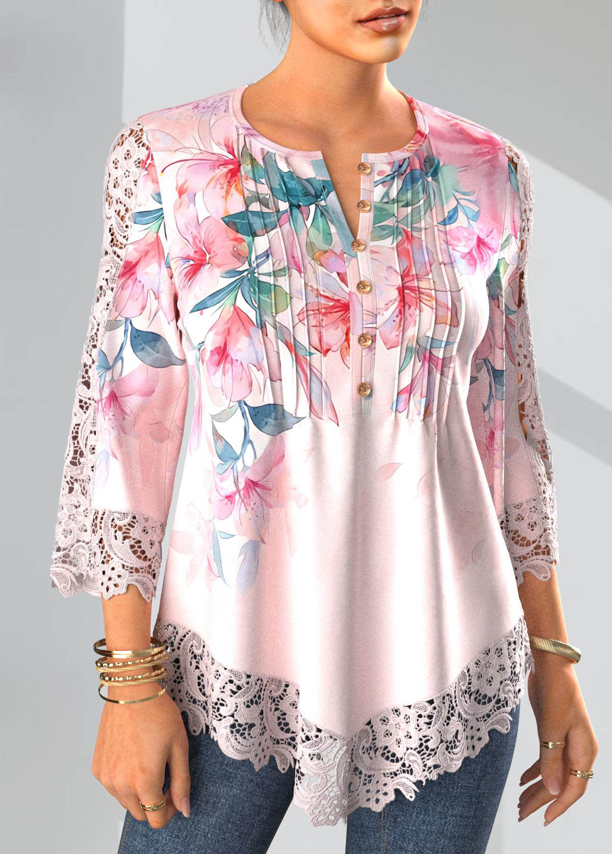 Light Pink Tuck Stitch Floral Print 3/4 Sleeve Blouse | picture 