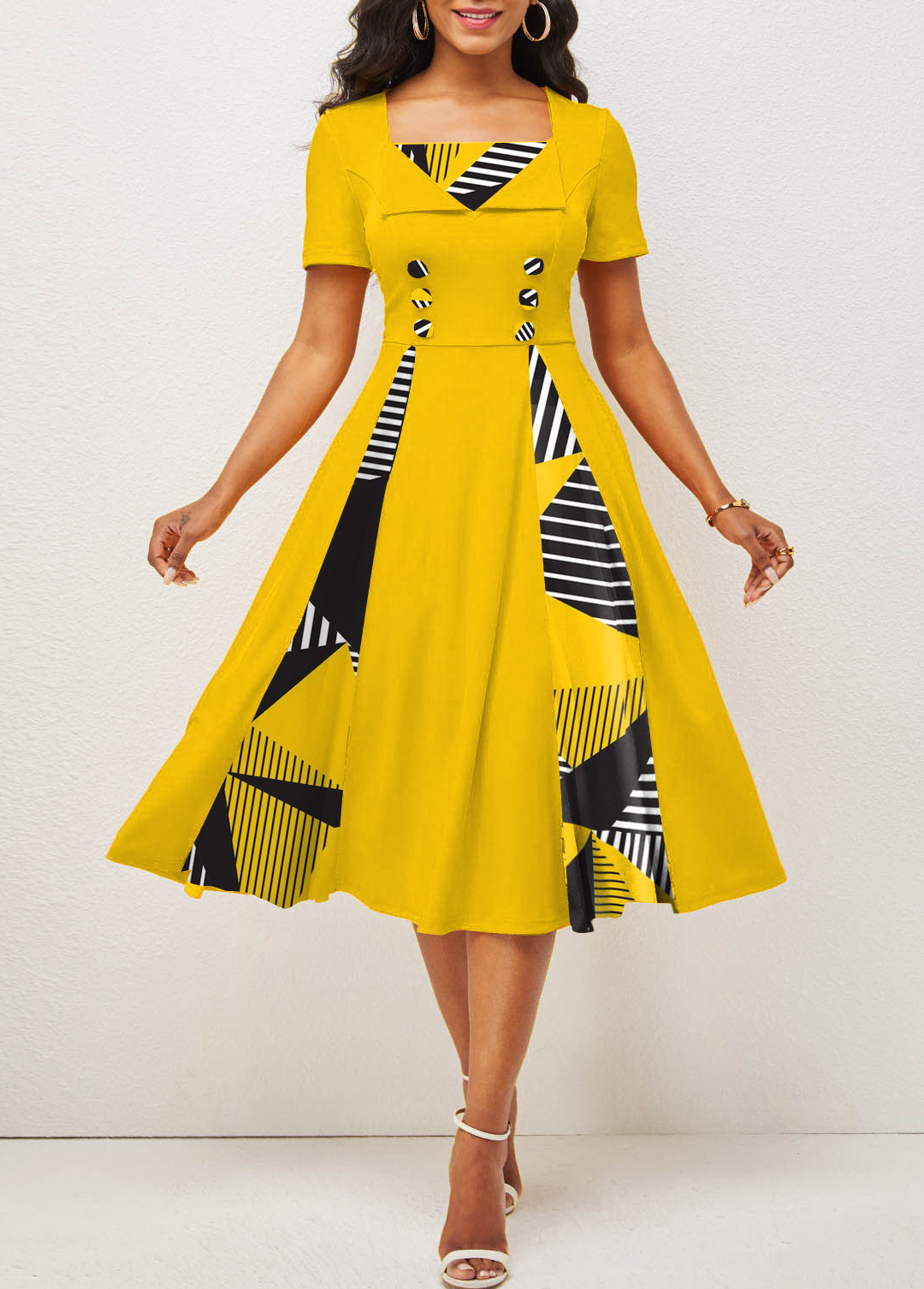 Yellow Button Geometric Print Short Sleeve Dress