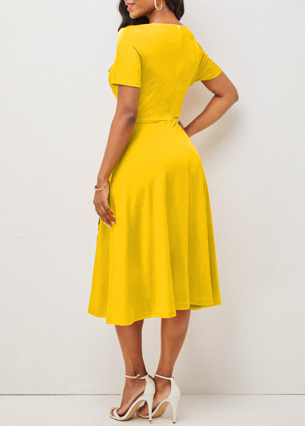 Yellow Button Geometric Print Short Sleeve Dress