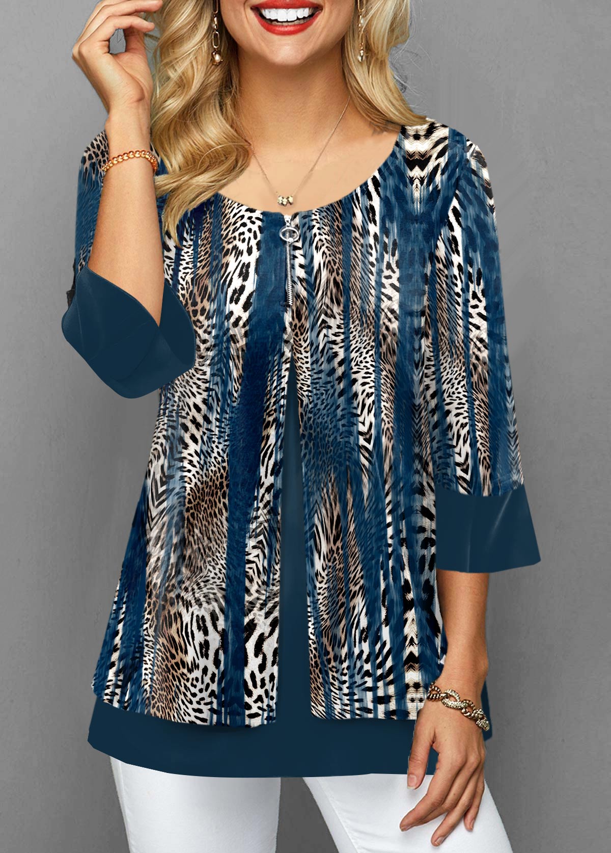 Blue Fake 2in1 Leopard 3/4 Sleeve Round Neck Blouse | picture 