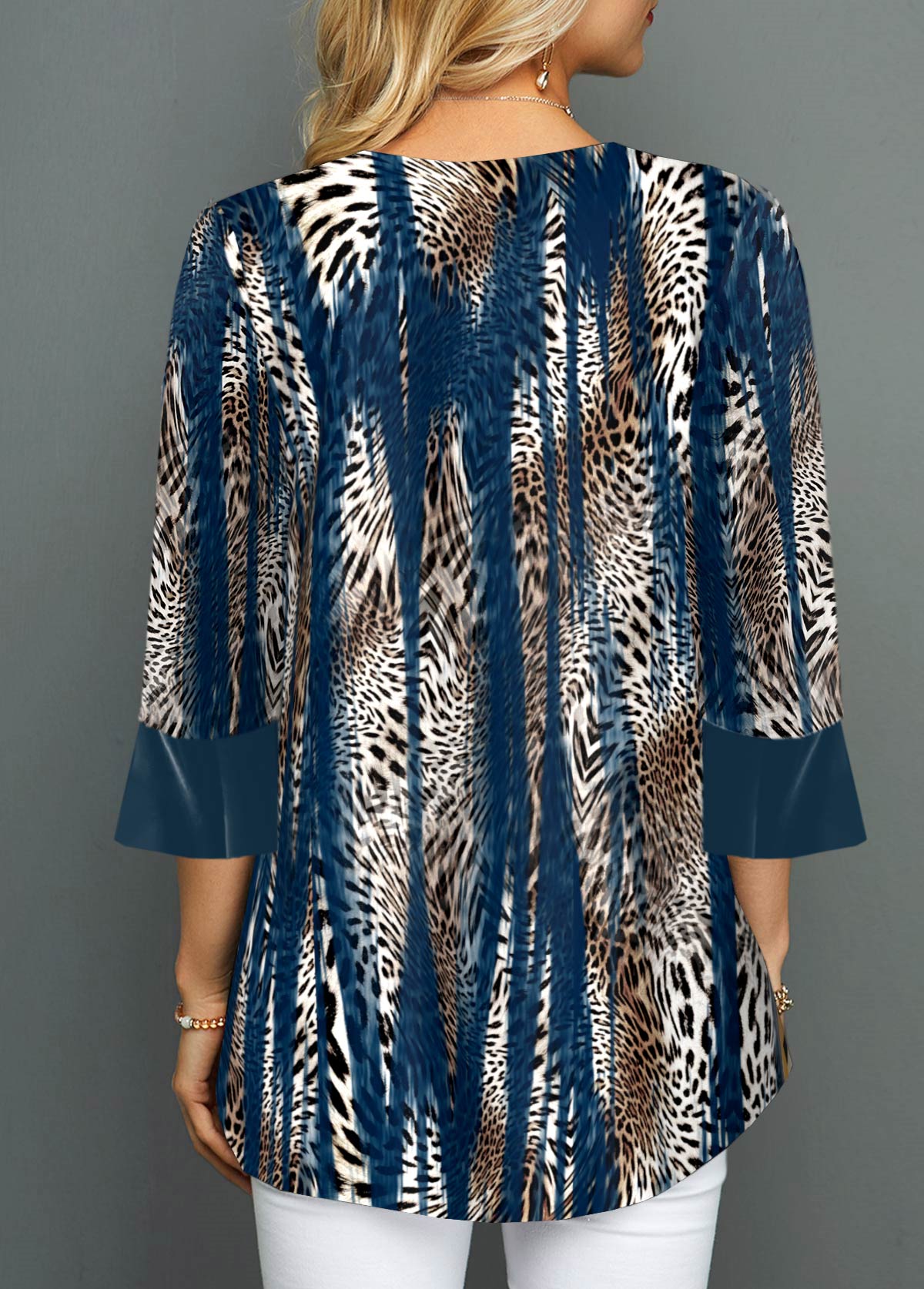Blue Fake 2in1 Leopard 3/4 Sleeve Round Neck Blouse | picture 