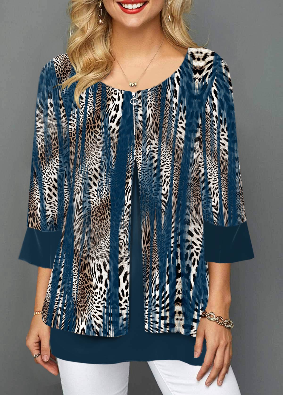 Blue Fake 2in1 Leopard 3/4 Sleeve Round Neck Blouse | picture 