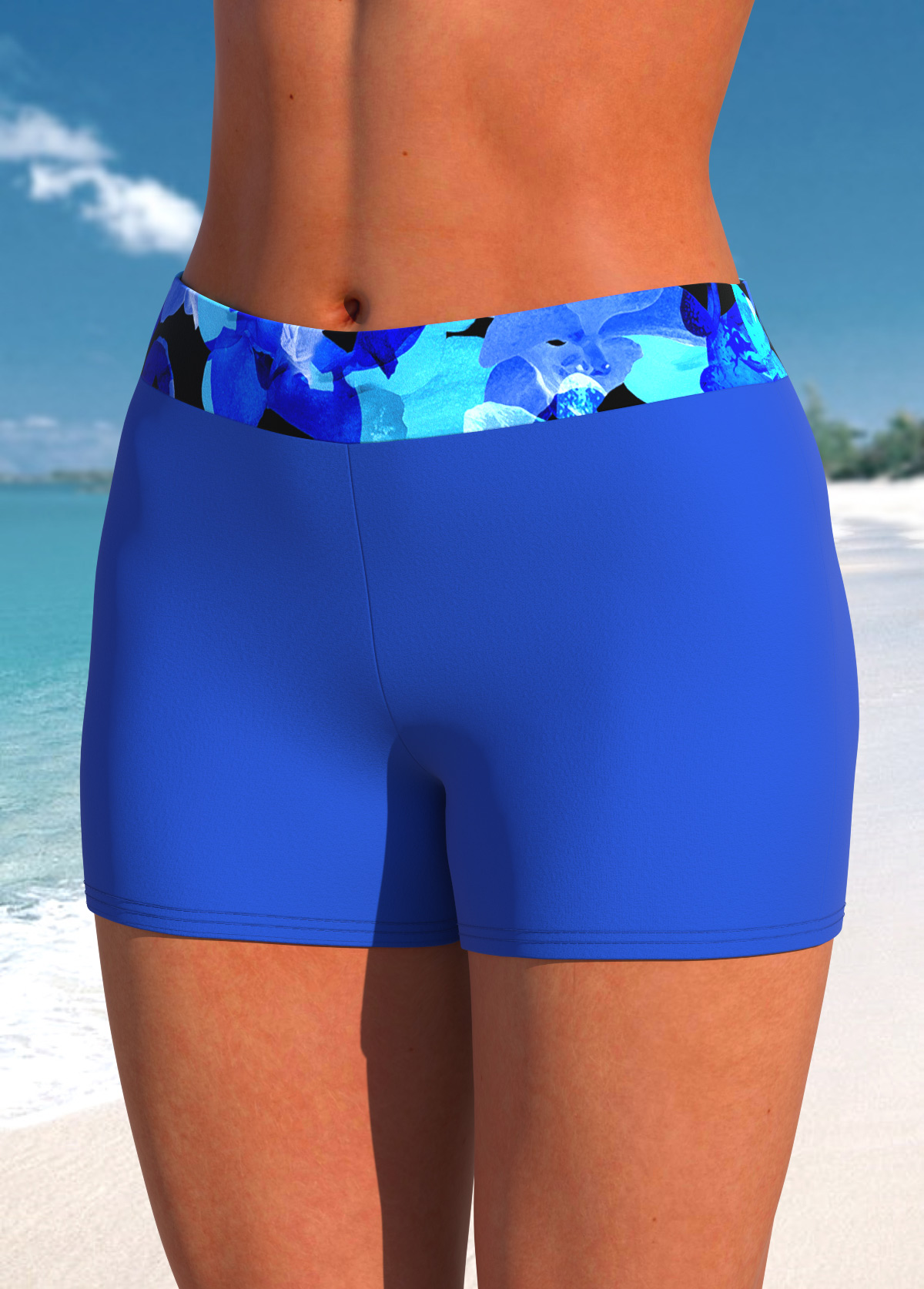 Mid Waisted Floral Print Blue Swim Shorts