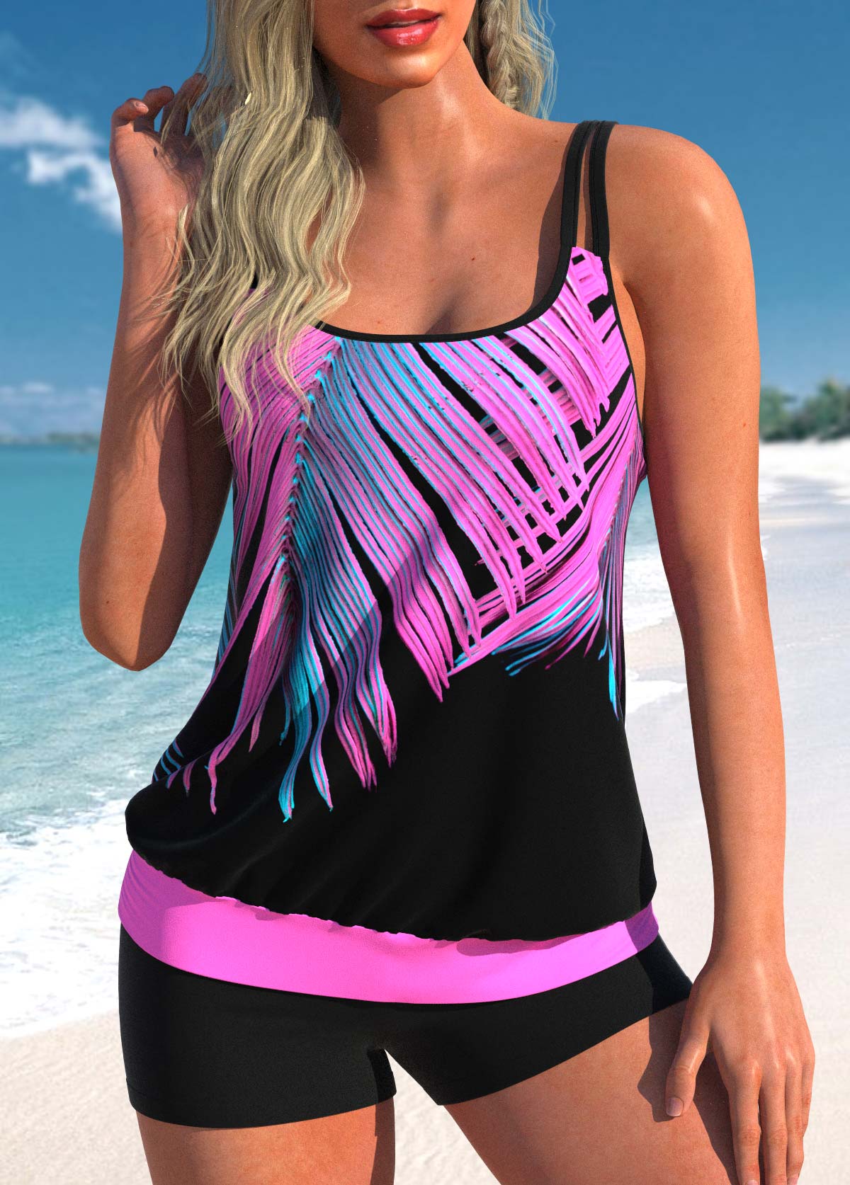 Leaf Print Hot Pink Double Straps Tankini Top