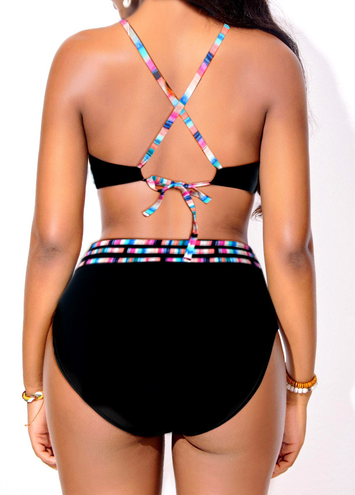 Contrast Binding Striped Black Bikini Top-No Bottom