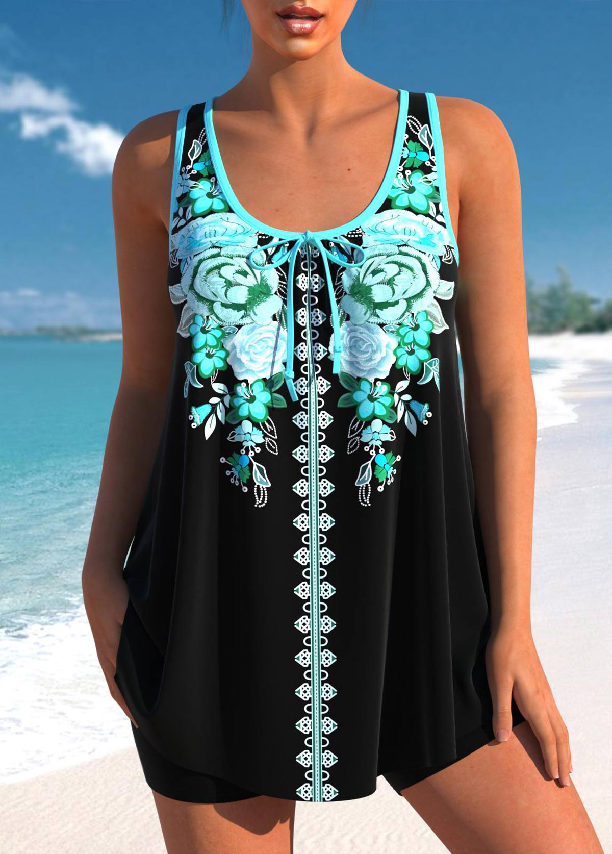 Bowknot Floral Print Cyan Tankini Set | picture 