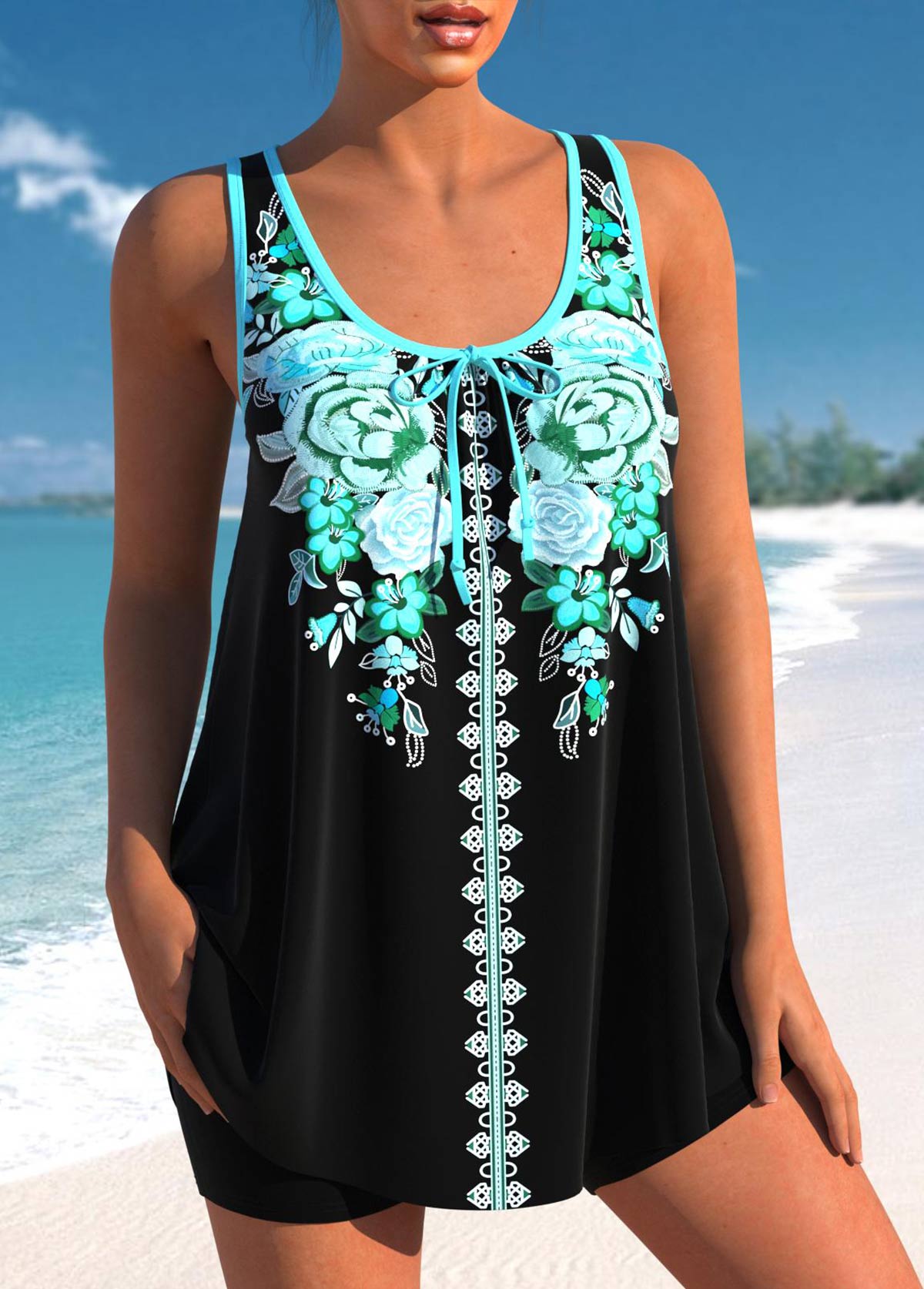 Bowknot Floral Print Cyan Tankini Set | picture 