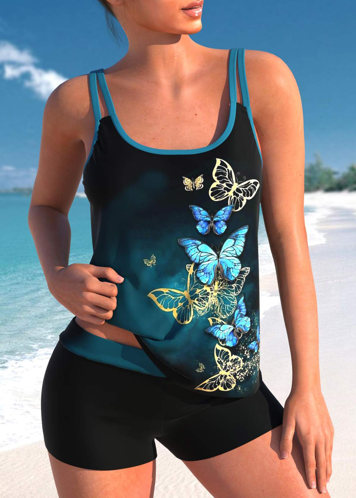 Ombre Butterfly Print Peacock Blue Tankini Set