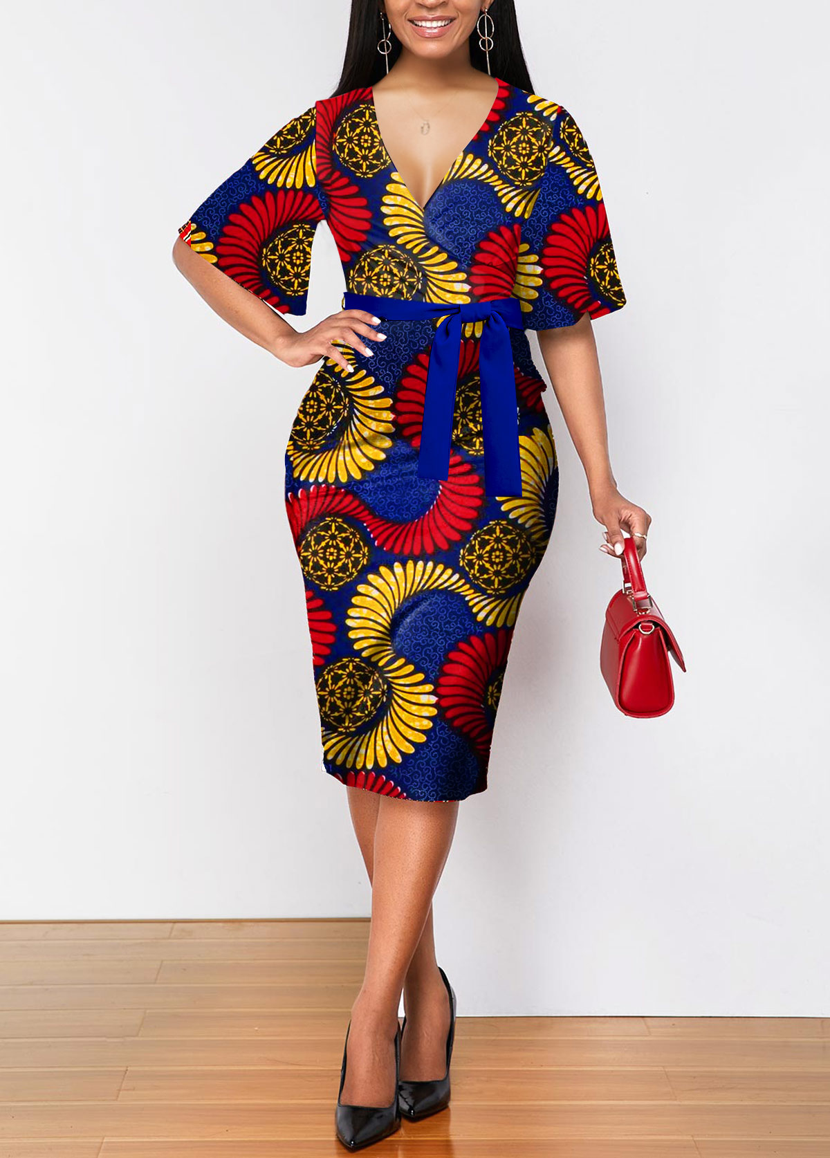 Multi Color Tribal Print Belted Bodycon Dress