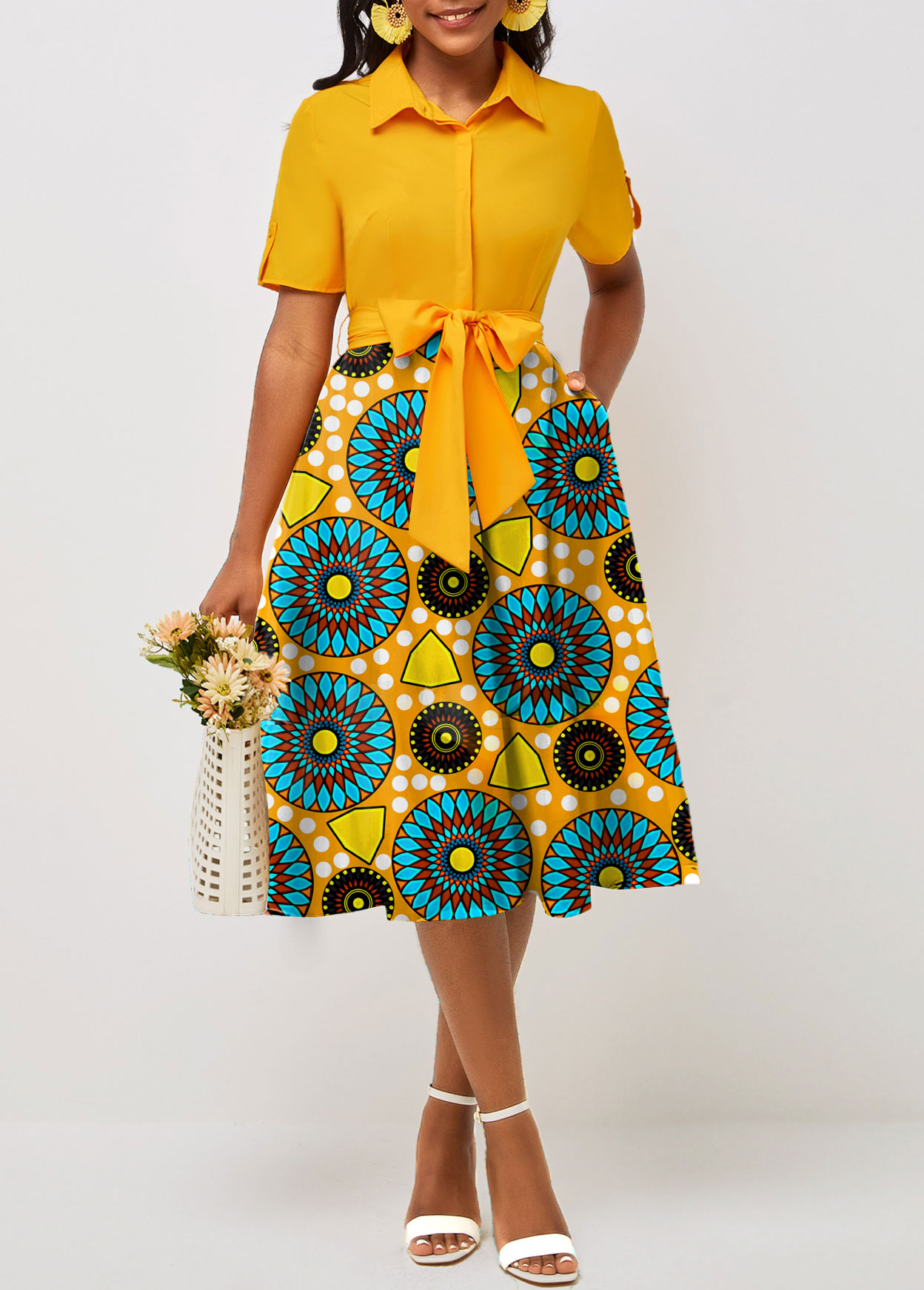 Yellow Pocket Tribal Print Belted Short Sleeve Dress