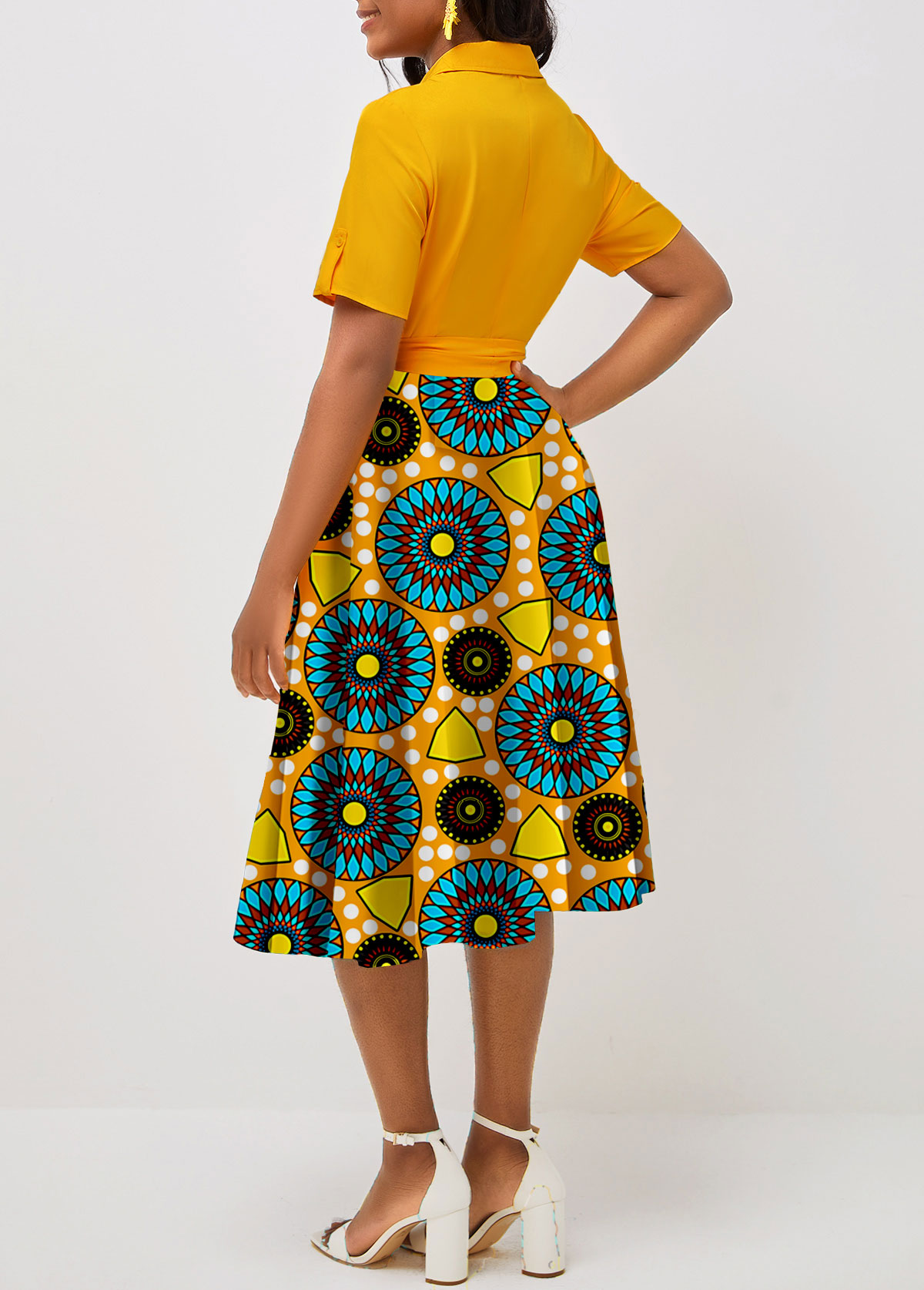 Yellow Pocket Tribal Print Belted Short Sleeve Dress