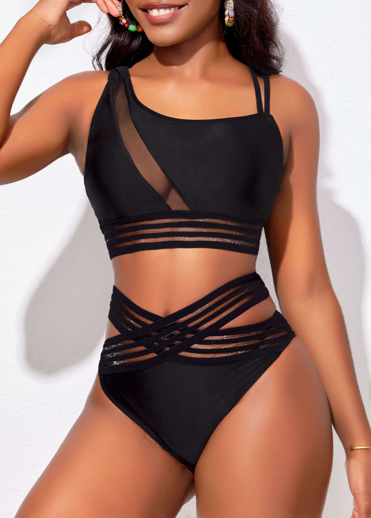 Asymmetry Black Mesh Stitching Bikini Top-No Bottom