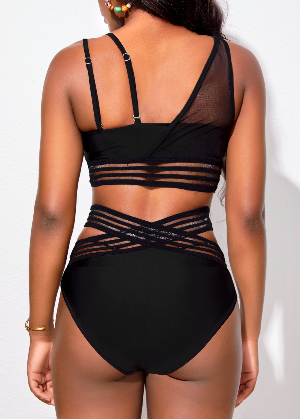 Asymmetry Black Mesh Stitching Bikini Top-No Bottom
