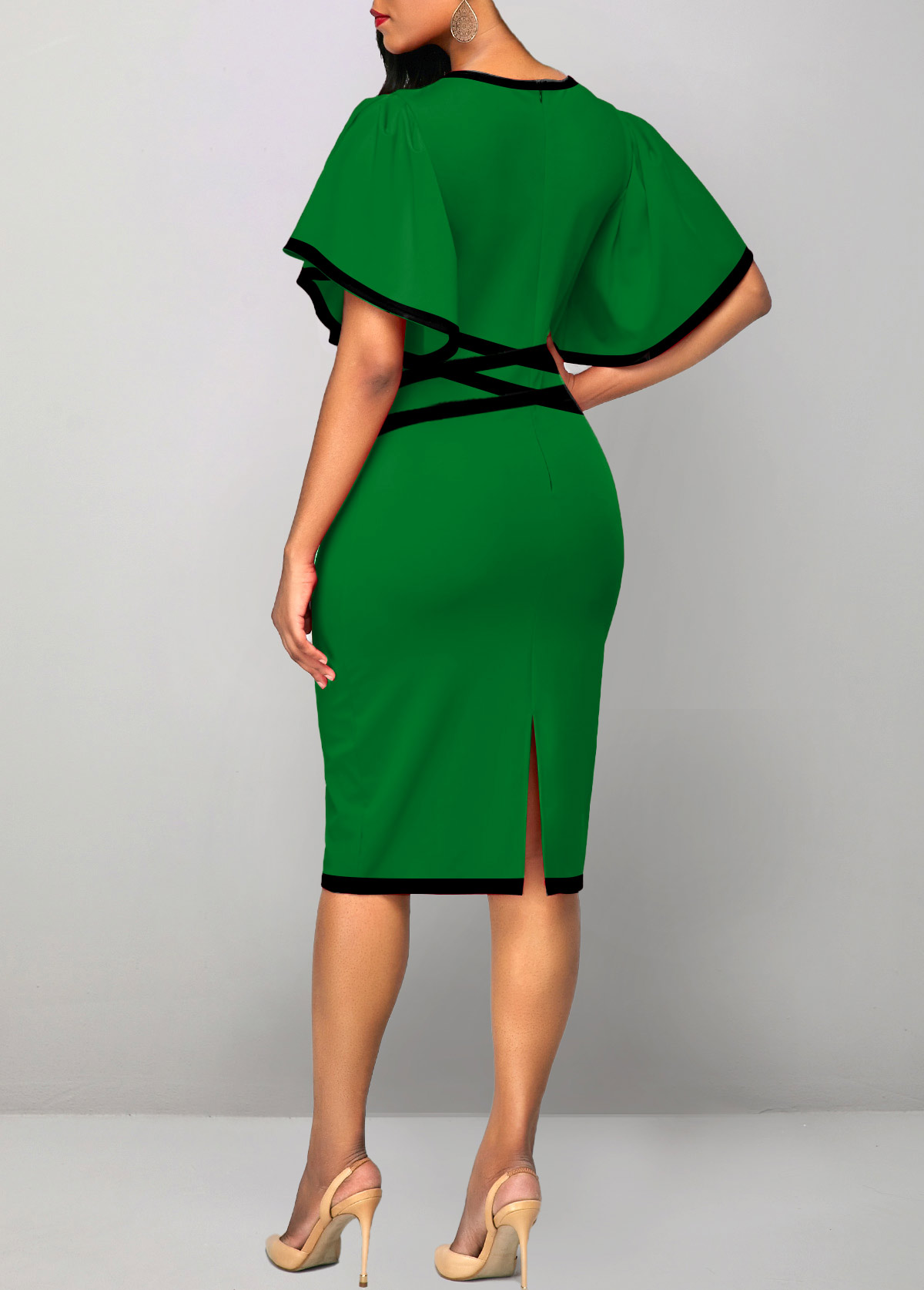 Green Contrast Binding Short Sleeve Bodycon Dress