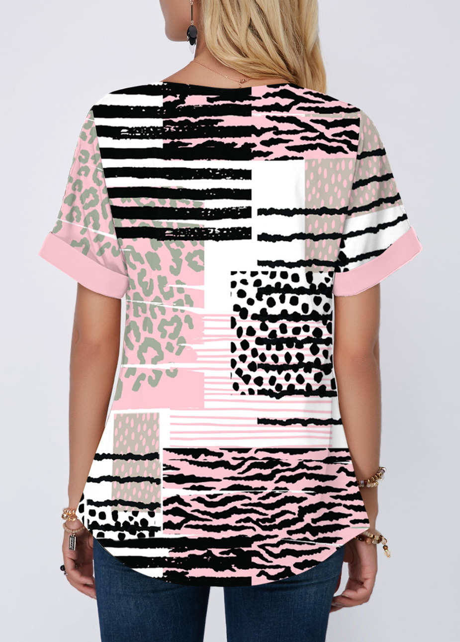 Pink Contrast Binding Geometric Print Short Sleeve Blouse