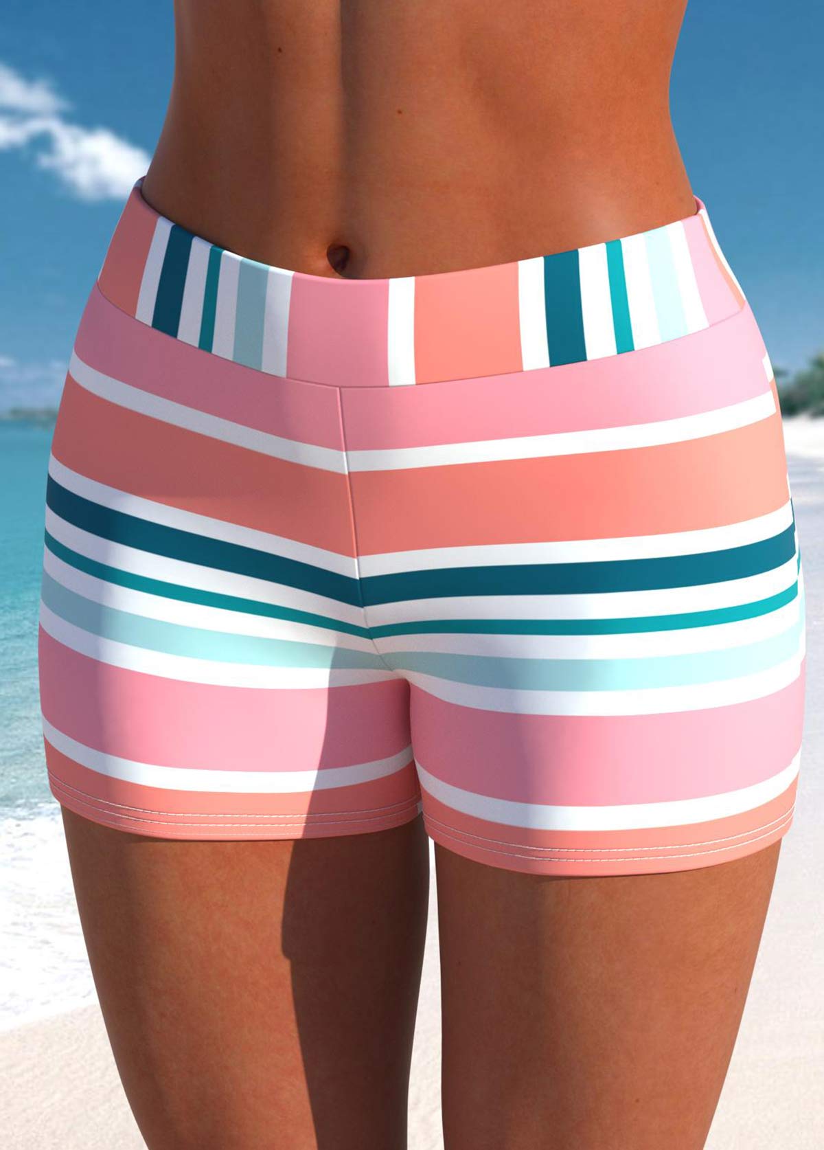 Mid Waisted Multi Stripe Print Swim Shorts
