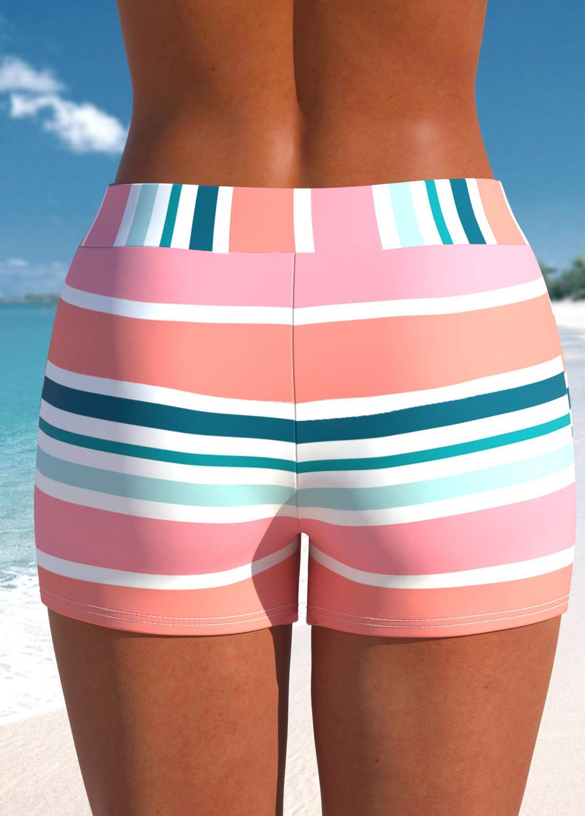 Mid Waisted Multi Stripe Print Swim Shorts