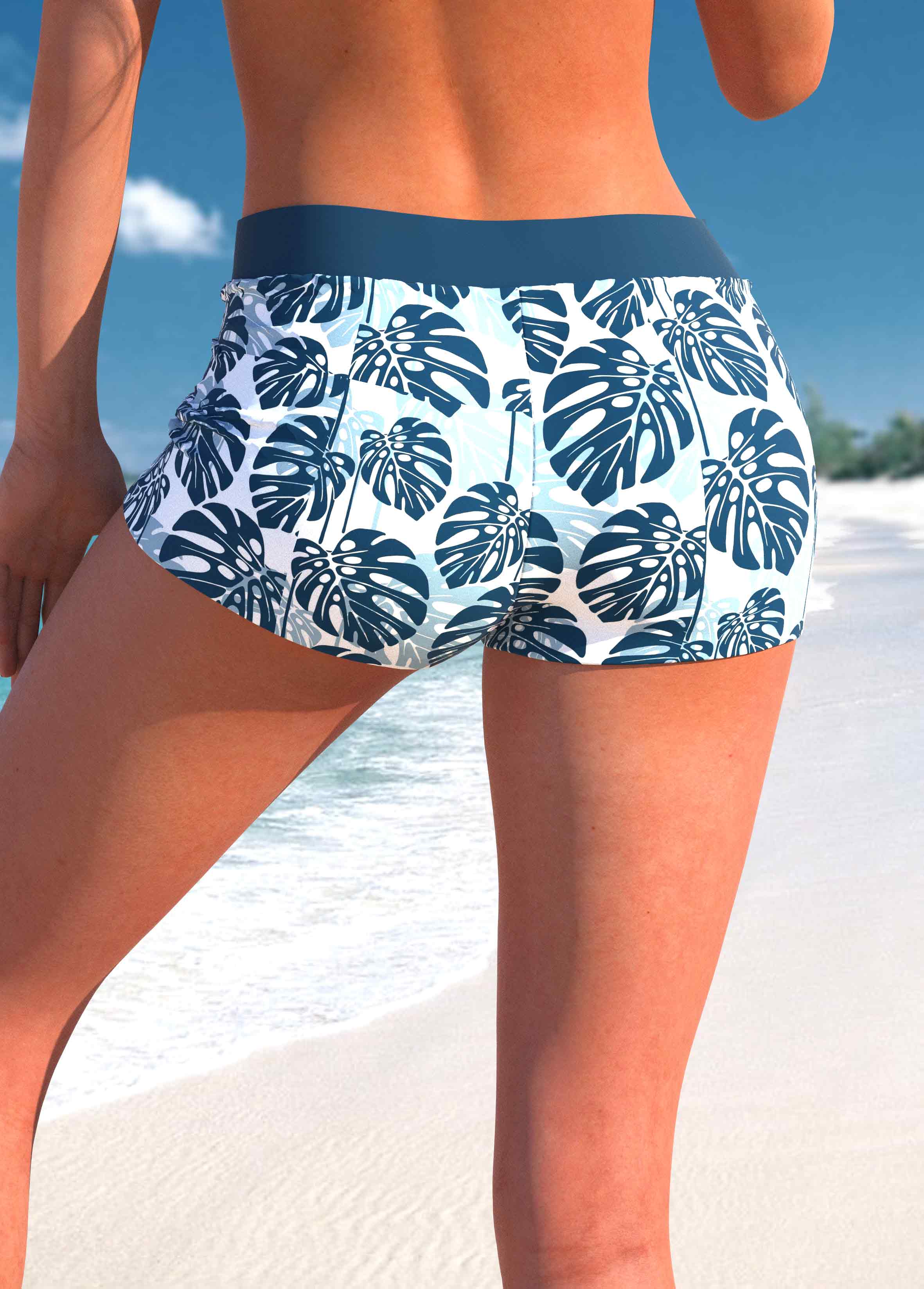 Mid Waisted Tropical Plants Print Peacock Blue Swim Shorts | picture 