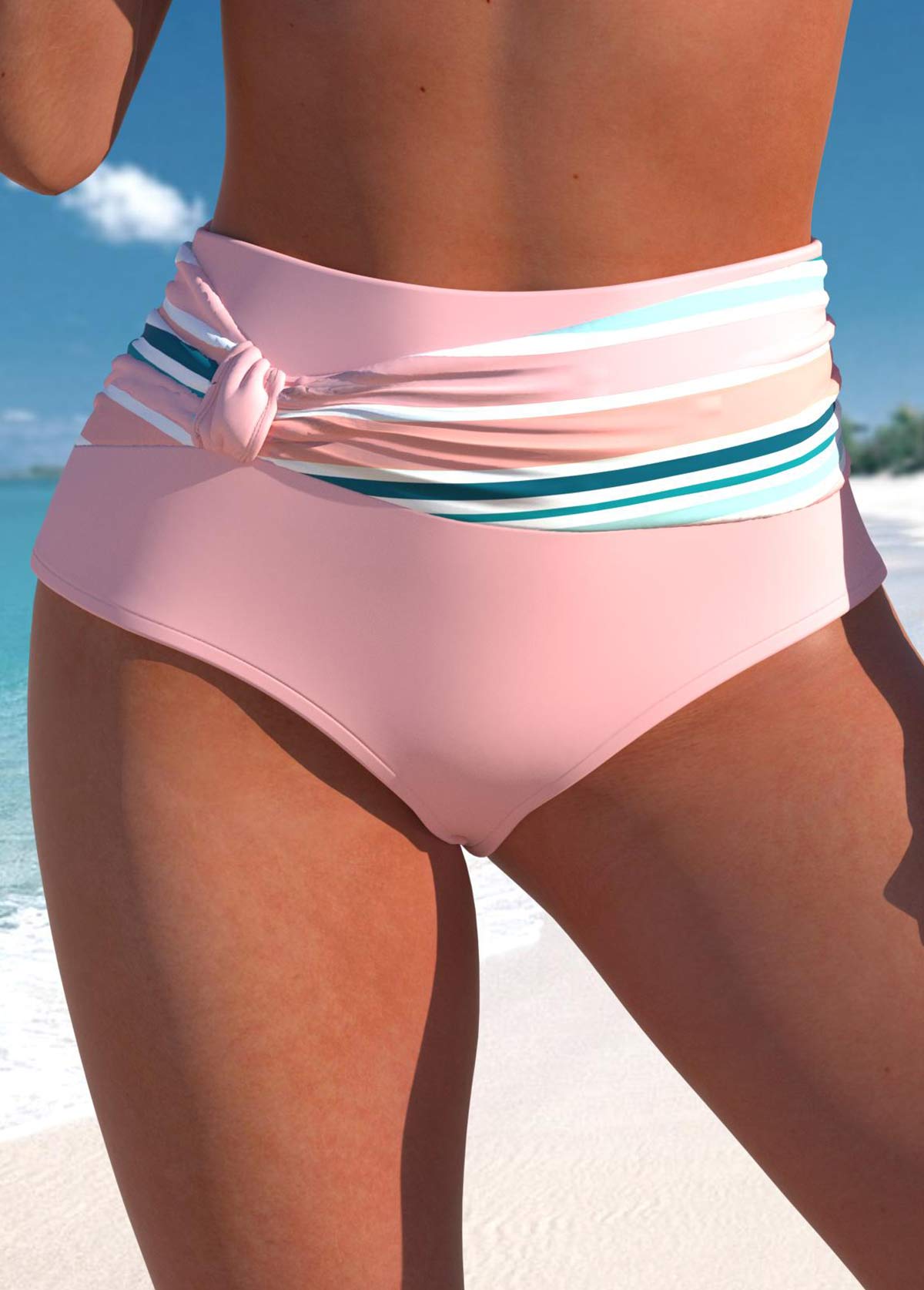 High Waisted Light Pink Multi Stripe Print Bikini Bottom