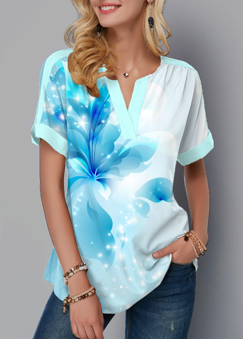 Blue Floral Print Short Sleeve Split Neck Blouse