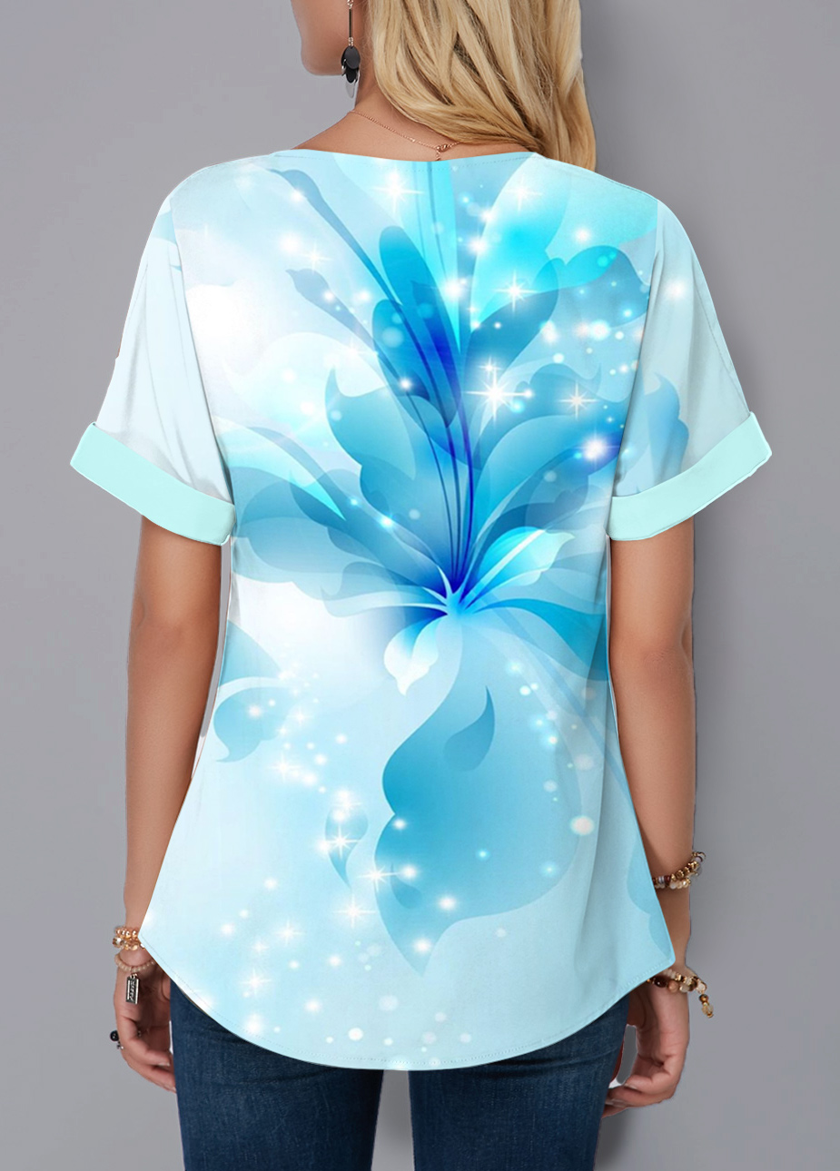 Blue Floral Print Short Sleeve Split Neck Blouse